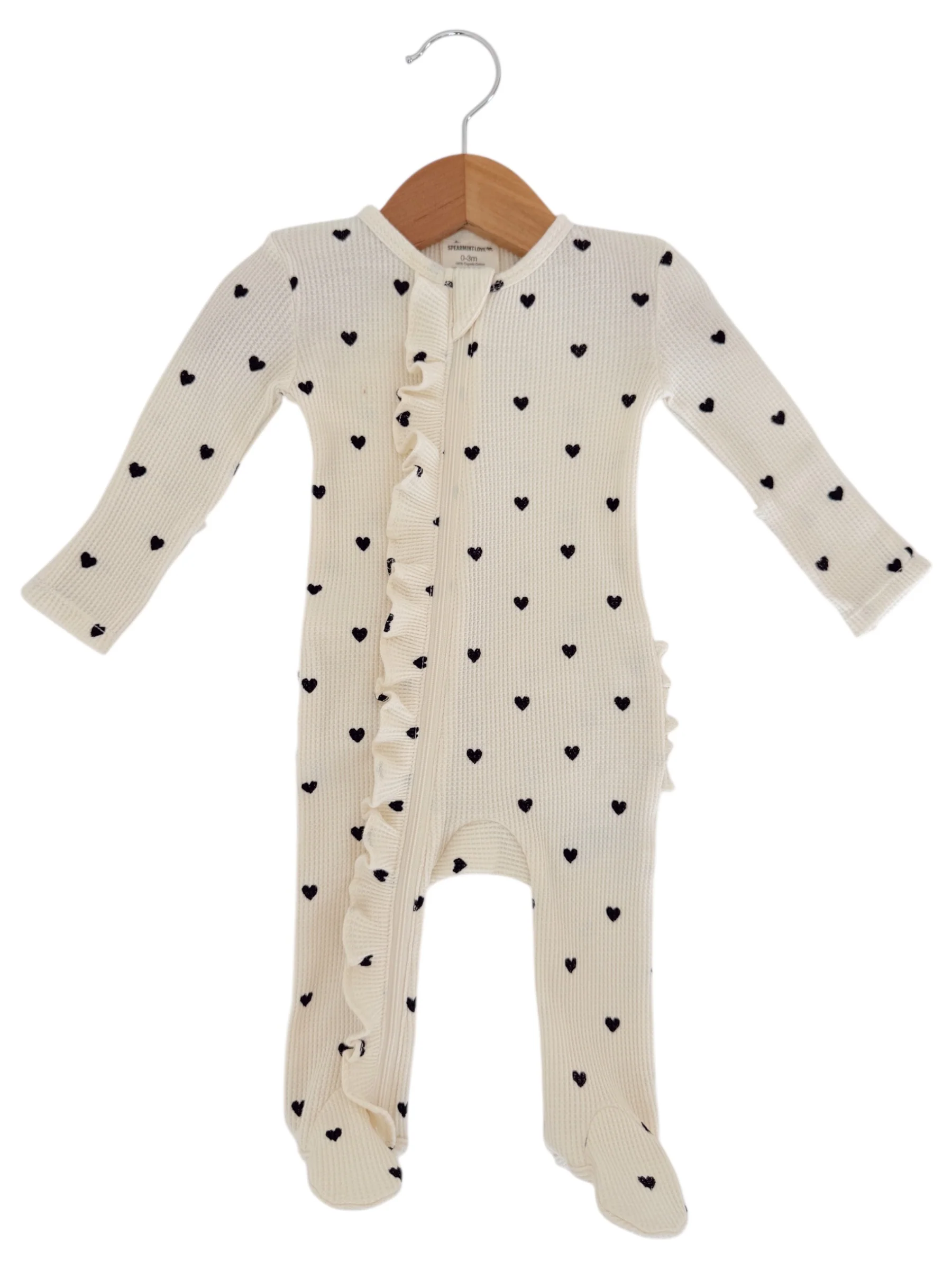 Organic Waffle 2-Way Zip Ruffle Footie, Black Heart - Image 2