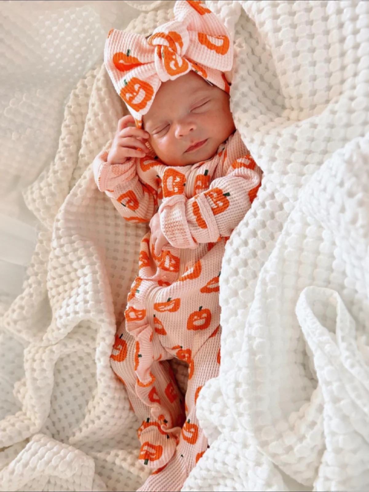 Organic Waffle Ruffle Zip Footie, Blush Jack-O-Lantern - Image 3