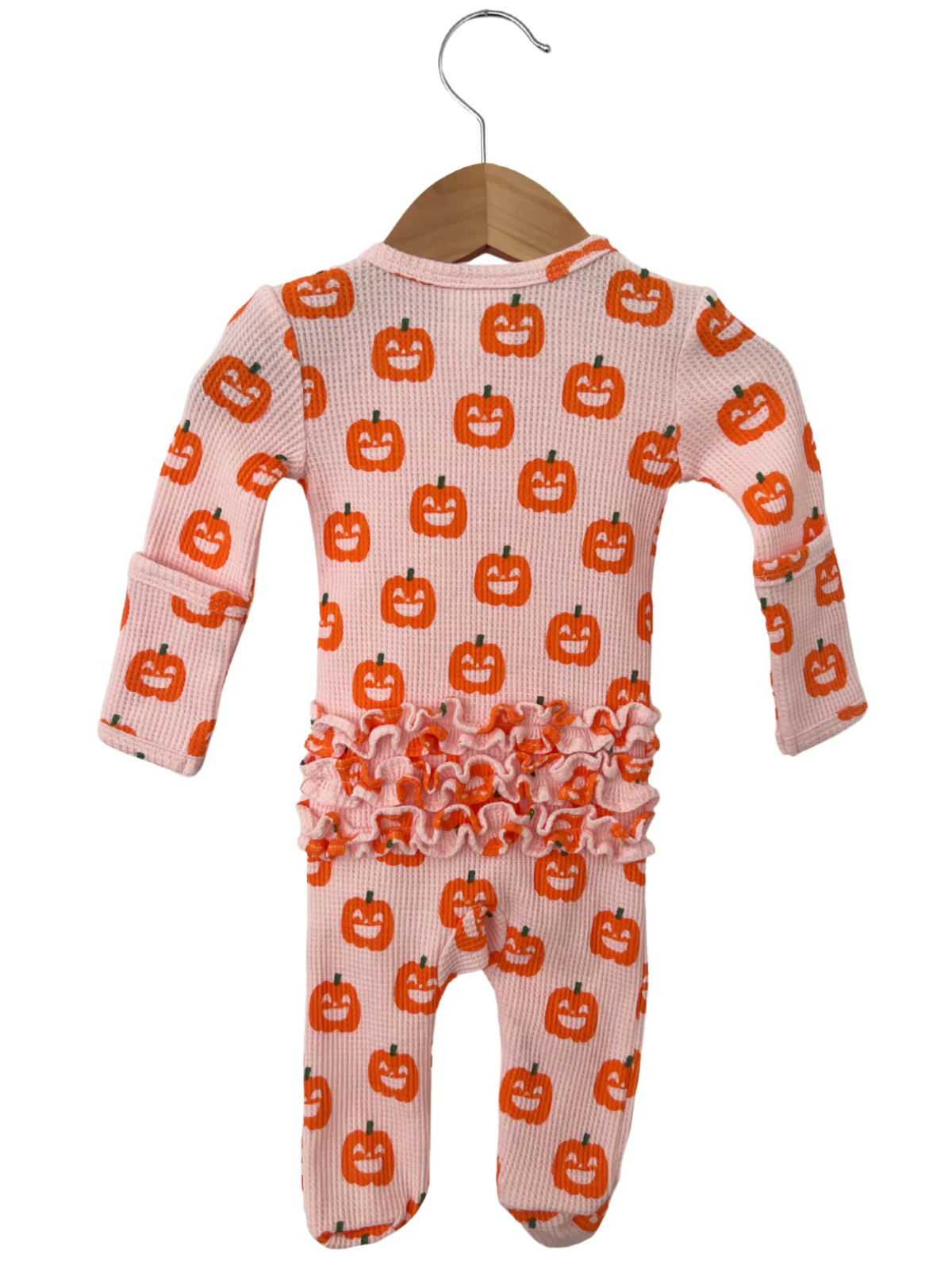 Organic Waffle Ruffle Zip Footie, Blush Jack-O-Lantern - Image 4