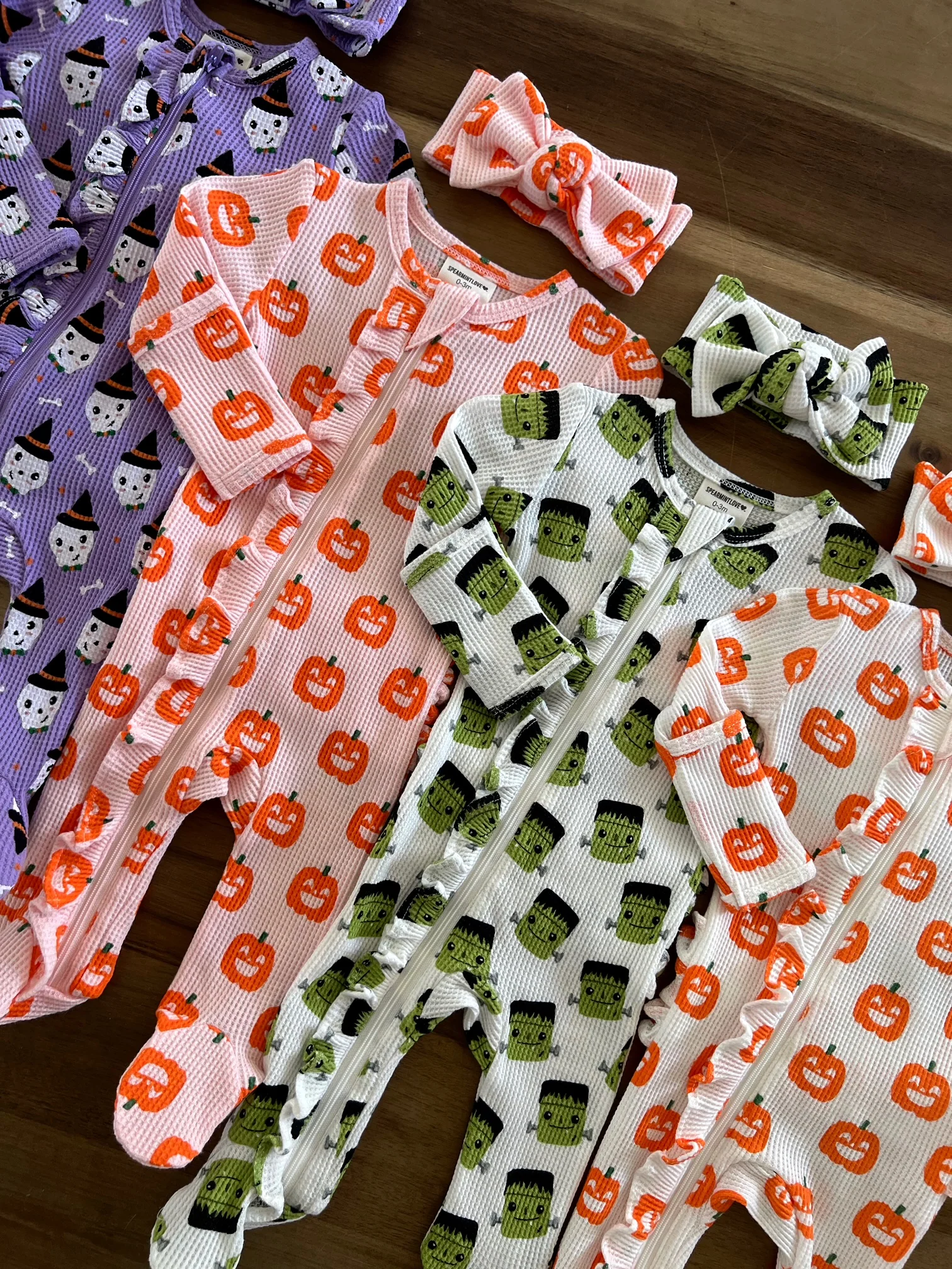 Organic Waffle Ruffle Zip Footie, Blush Jack-O-Lantern - Image 5