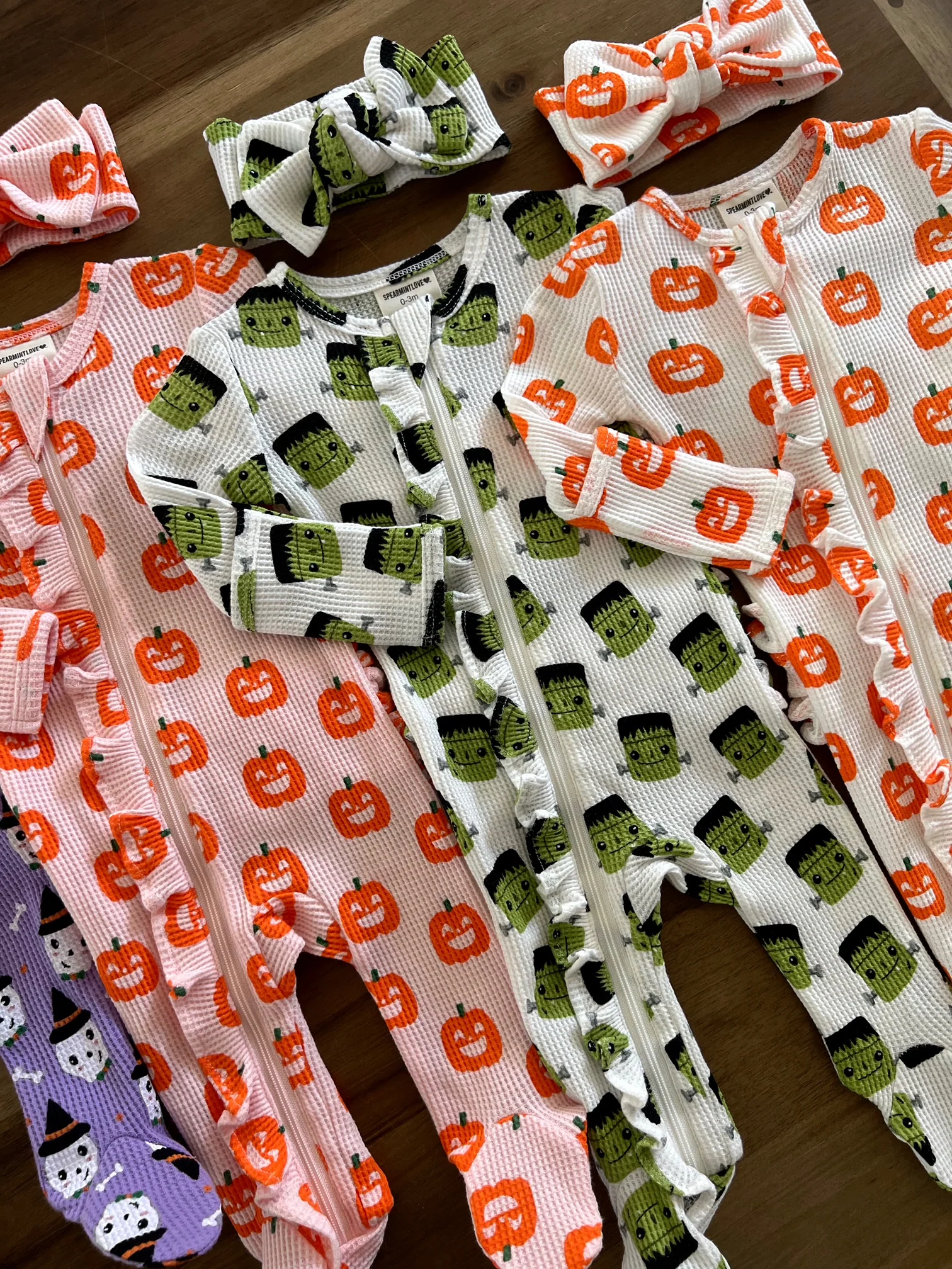 Organic Waffle Ruffle Zip Footie, Blush Jack-O-Lantern - Image 7