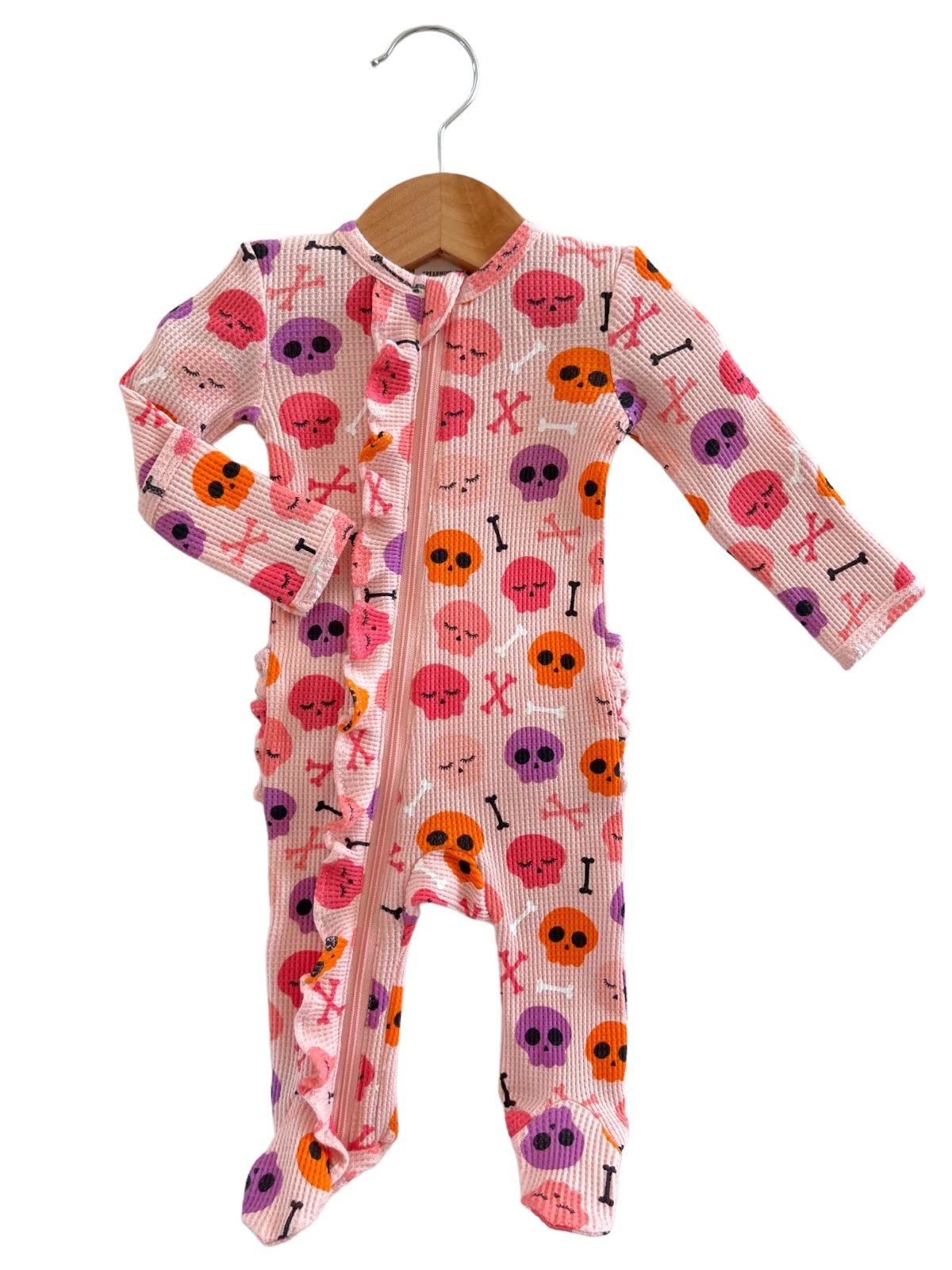 Organic Waffle Ruffle Zip Footie, Candy Skulls Pink - Image 4