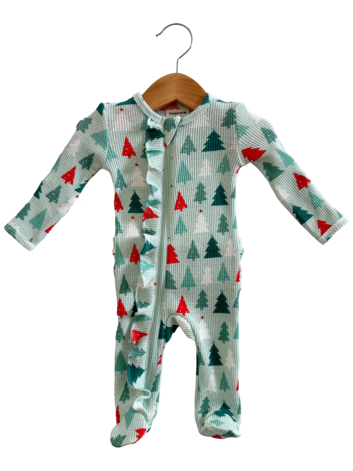 Organic Waffle Ruffle Zip Footie, Festive Firs - Image 3