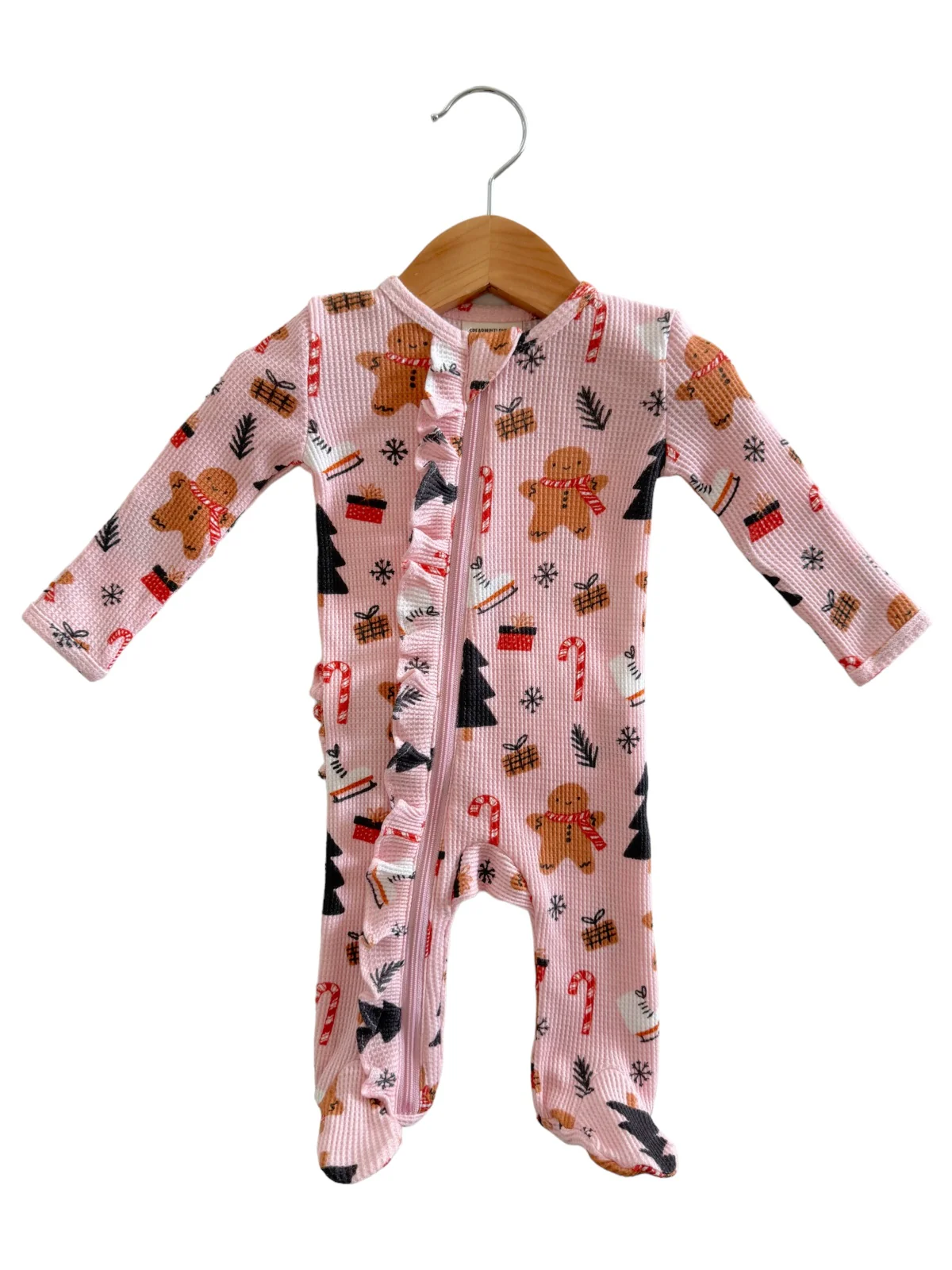 Organic Waffle Ruffle Zip Footie, Gingerbread Wonderland Blush - Image 3