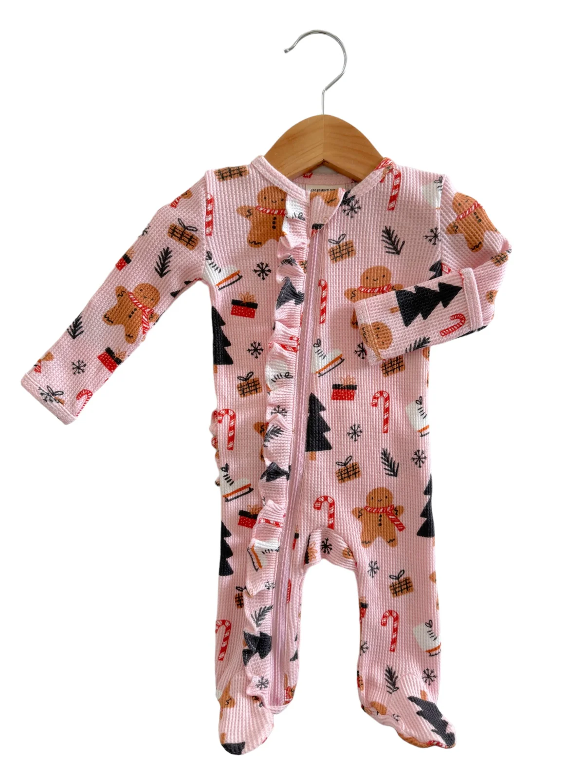 Organic Waffle Ruffle Zip Footie, Gingerbread Wonderland Blush - Image 5