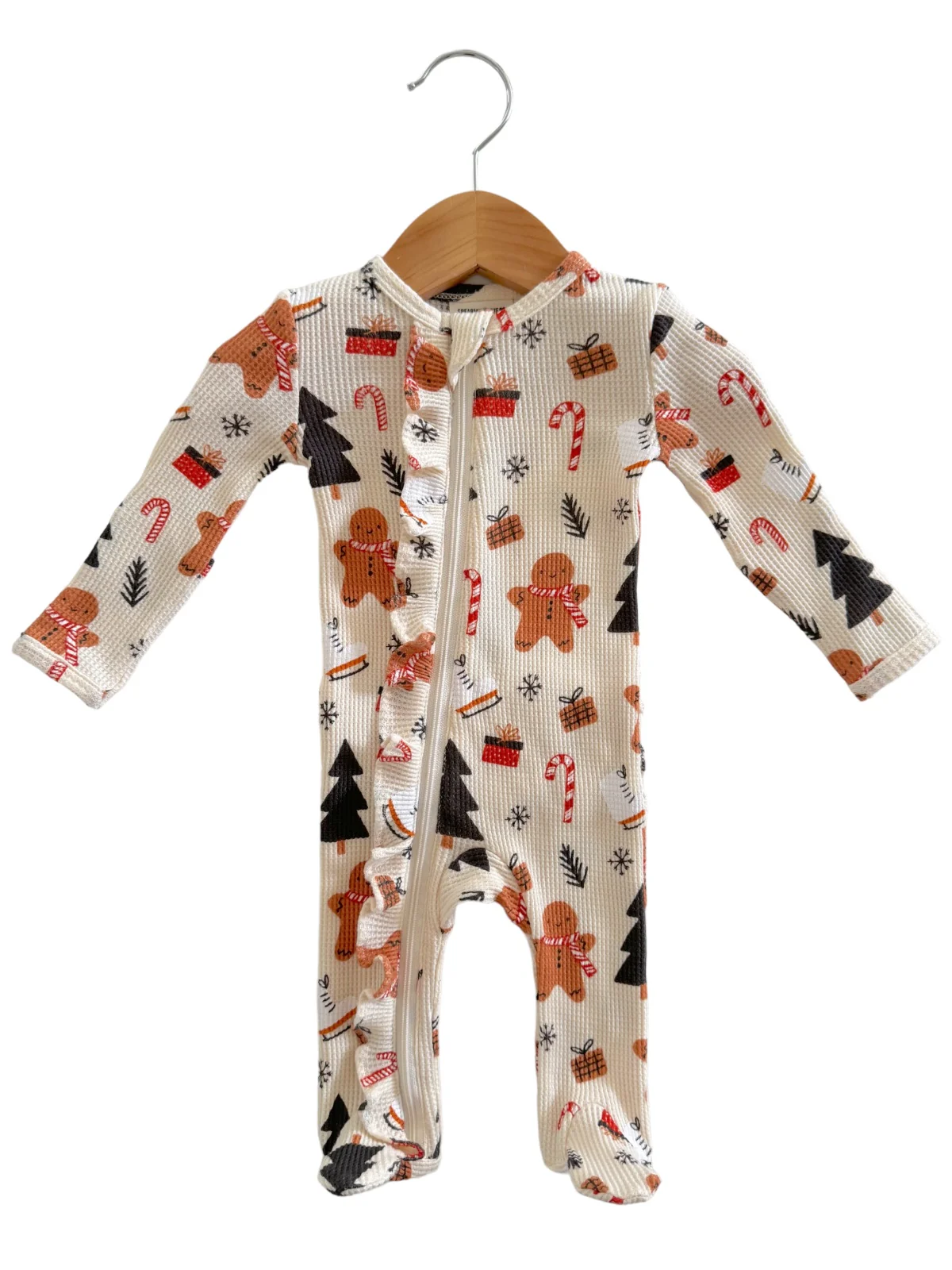 Organic Waffle Ruffle Zip Footie, Gingerbread Wonderland Snow - Image 3