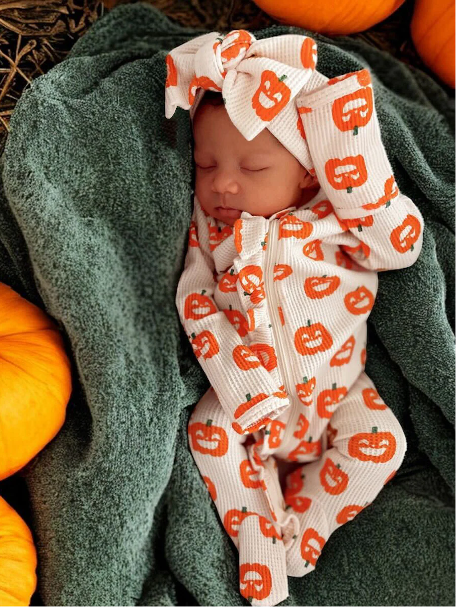 Organic Waffle Ruffle Zip Footie, Jack-O-Lantern