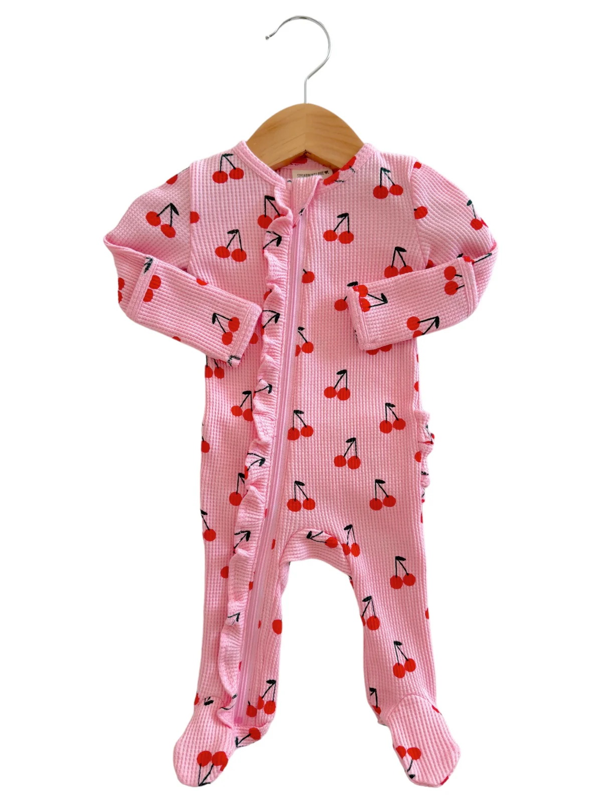 Organic Waffle 2-Way Zip Ruffle Footie, Pink Cherries - Image 4