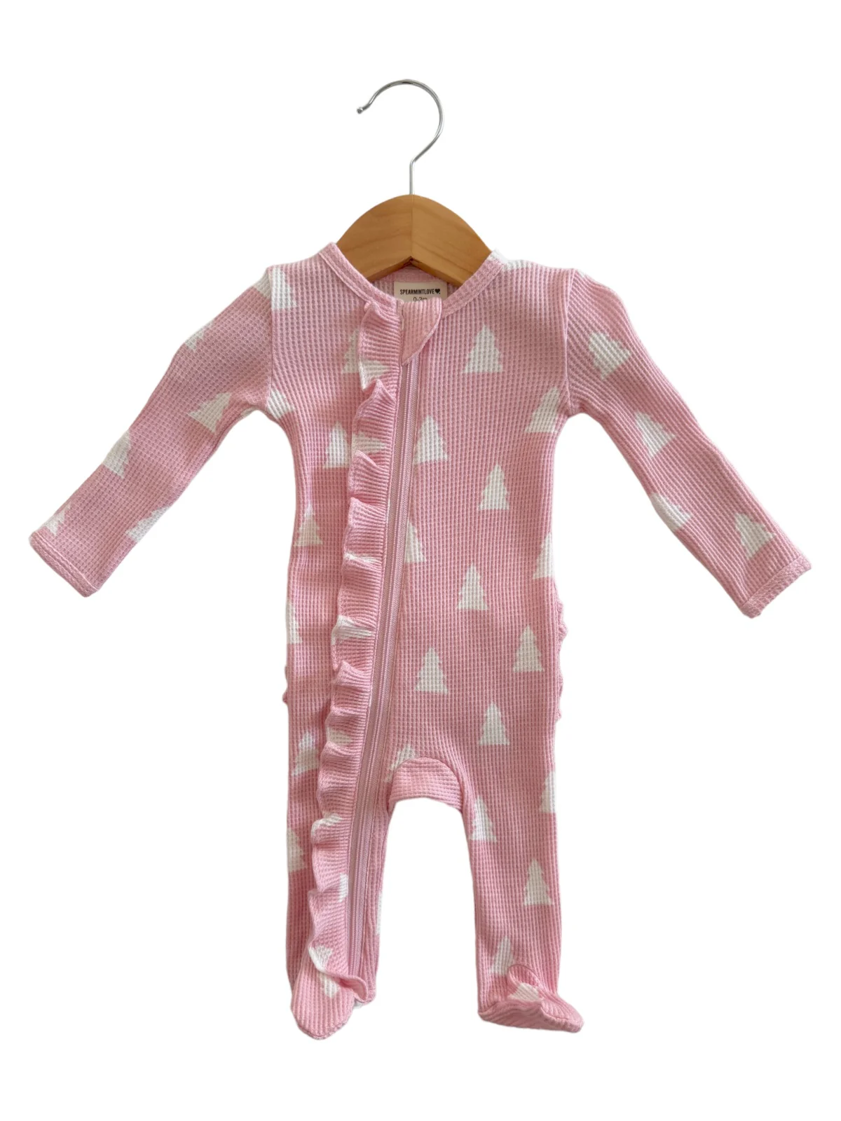 Organic Waffle Ruffle Zip Footie, Pink Christmas Trees - Image 2