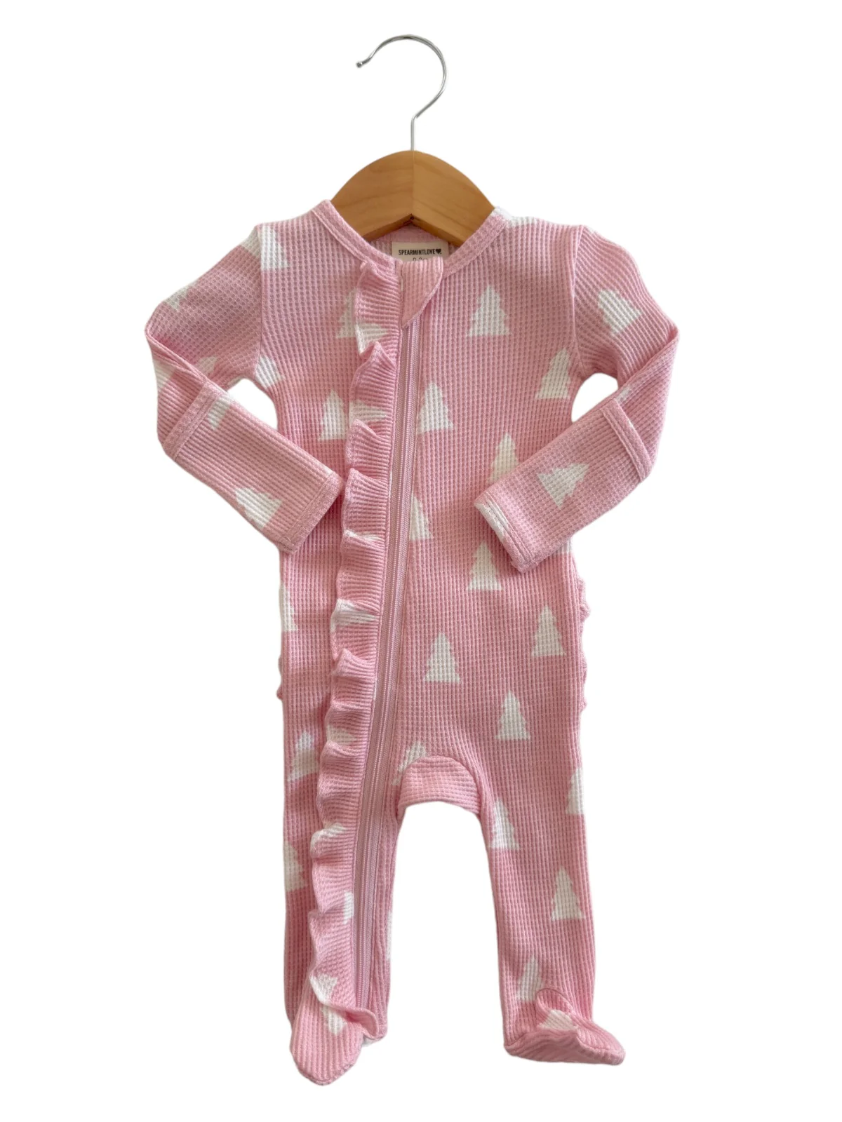 Organic Waffle Ruffle Zip Footie, Pink Christmas Trees - Image 3