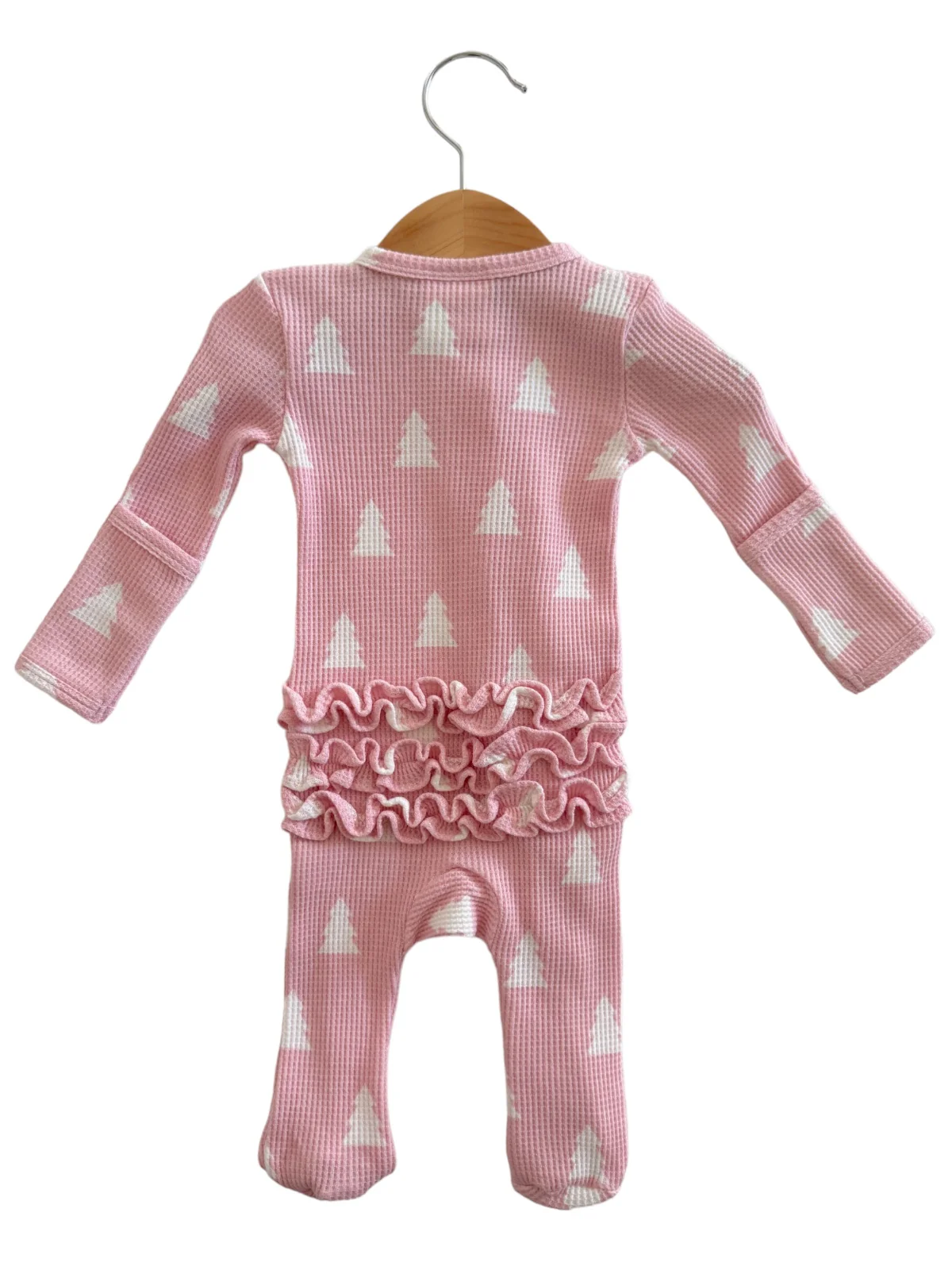 Organic Waffle Ruffle Zip Footie, Pink Christmas Trees - Image 4