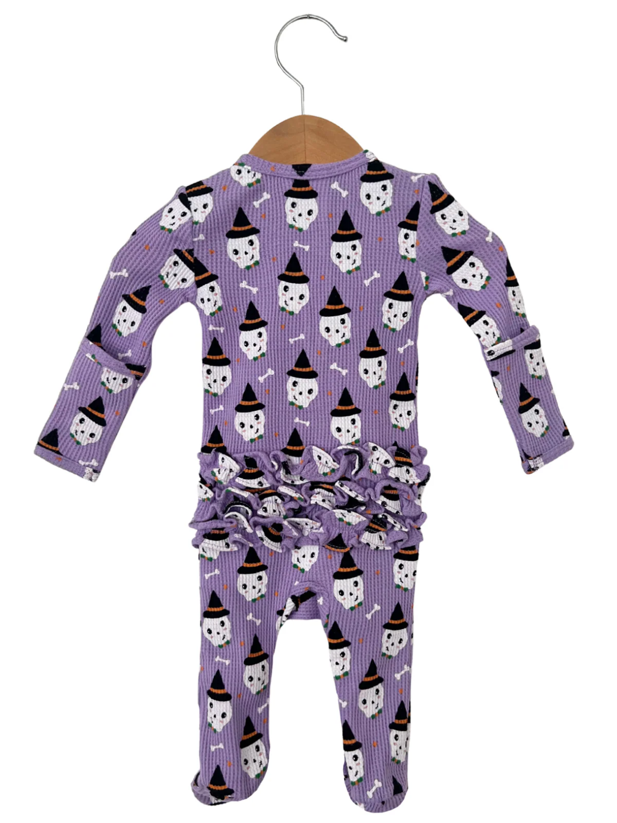 Organic Waffle Ruffle Zip Footie, Spooky Skeleton - Image 4