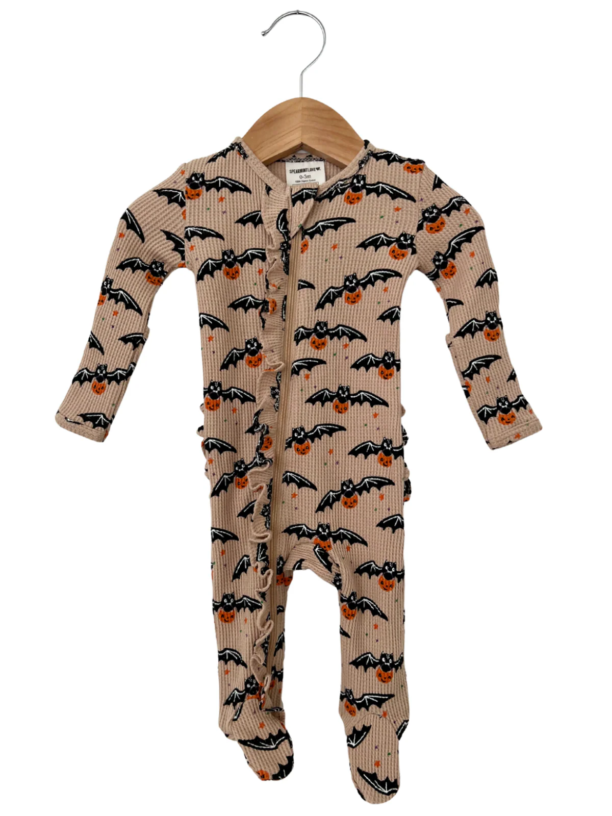 Organic Waffle Ruffle Zip Footie, Tan Trick or Treating Bat - Image 2