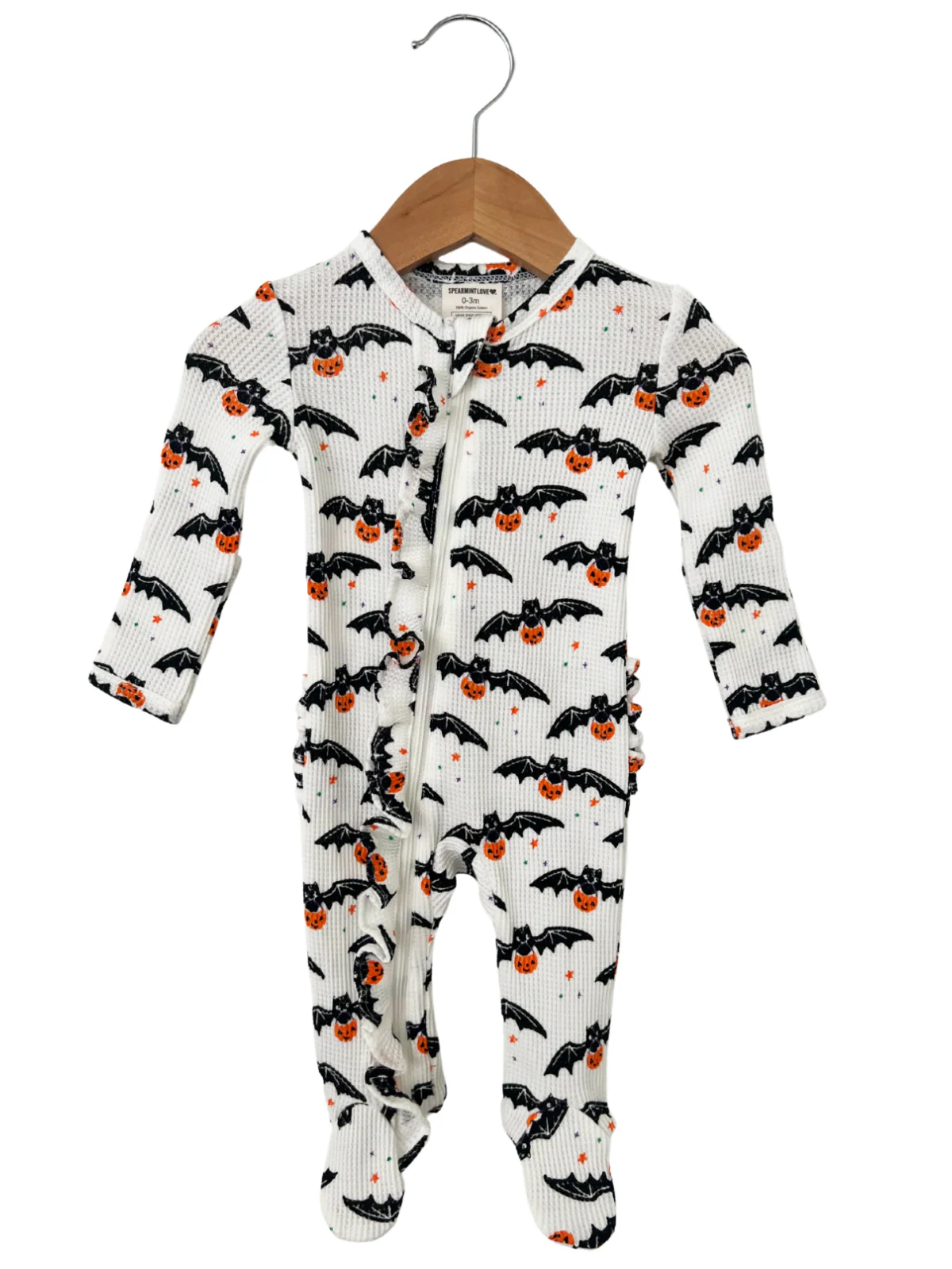 Organic Waffle Ruffle Zip Footie, Trick or Treating Bat - Image 2