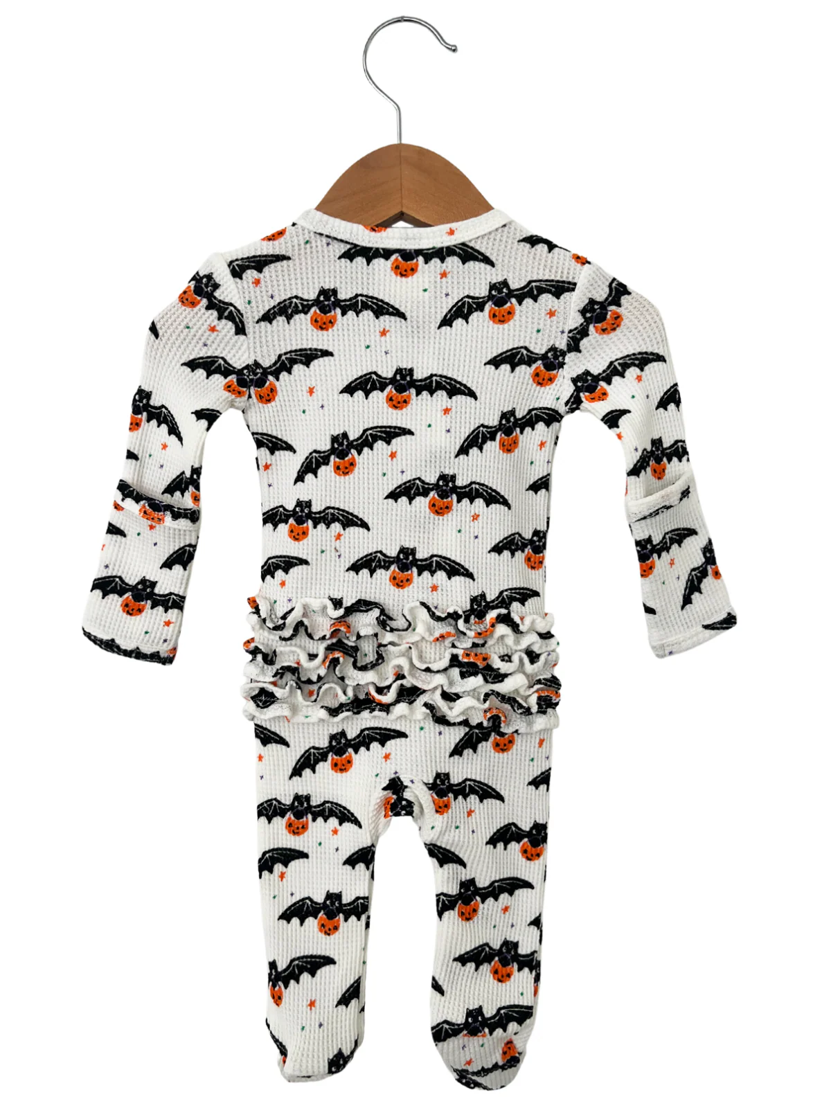 Organic Waffle Ruffle Zip Footie, Trick or Treating Bat - Image 4