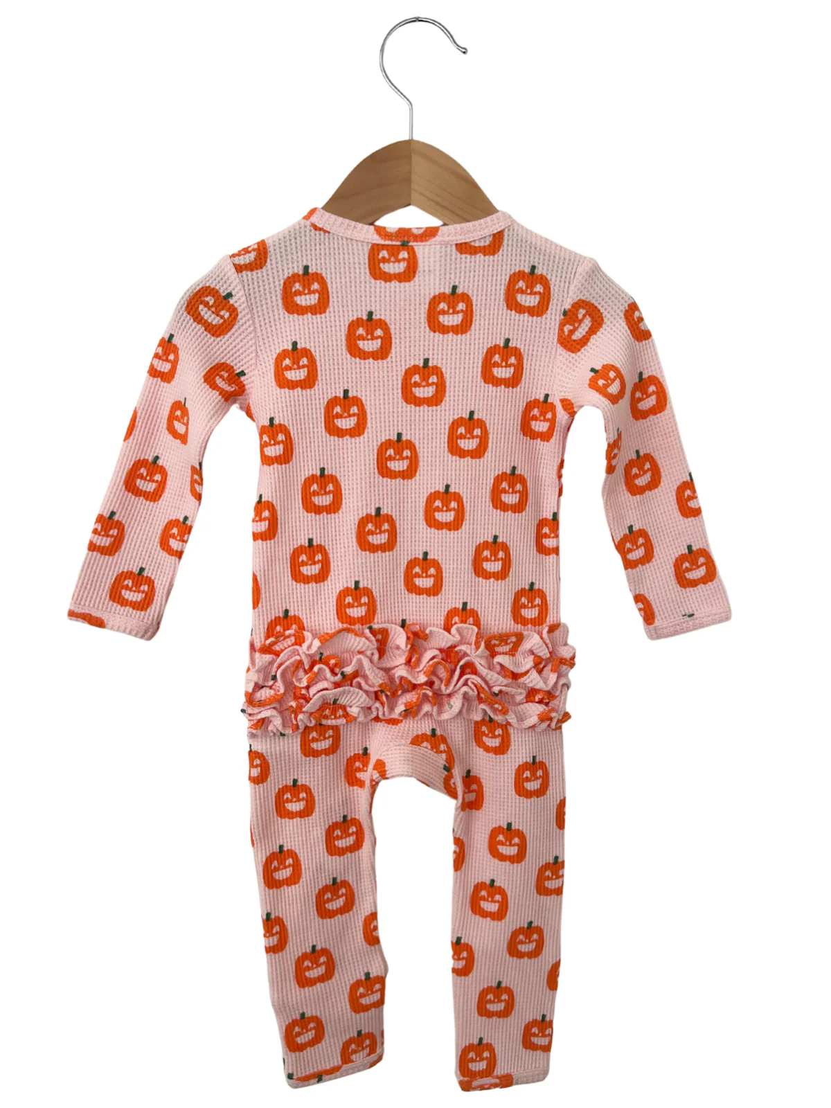 Organic Waffle Ruffle Zip Romper, Blush Jack-O-Lantern - Image 2