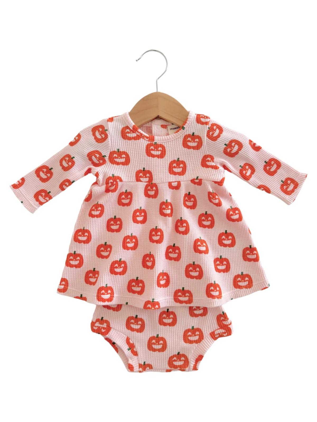 Organic Waffle Simple Dress & Bloomer, Blush Jack-O-Lantern - Image 2