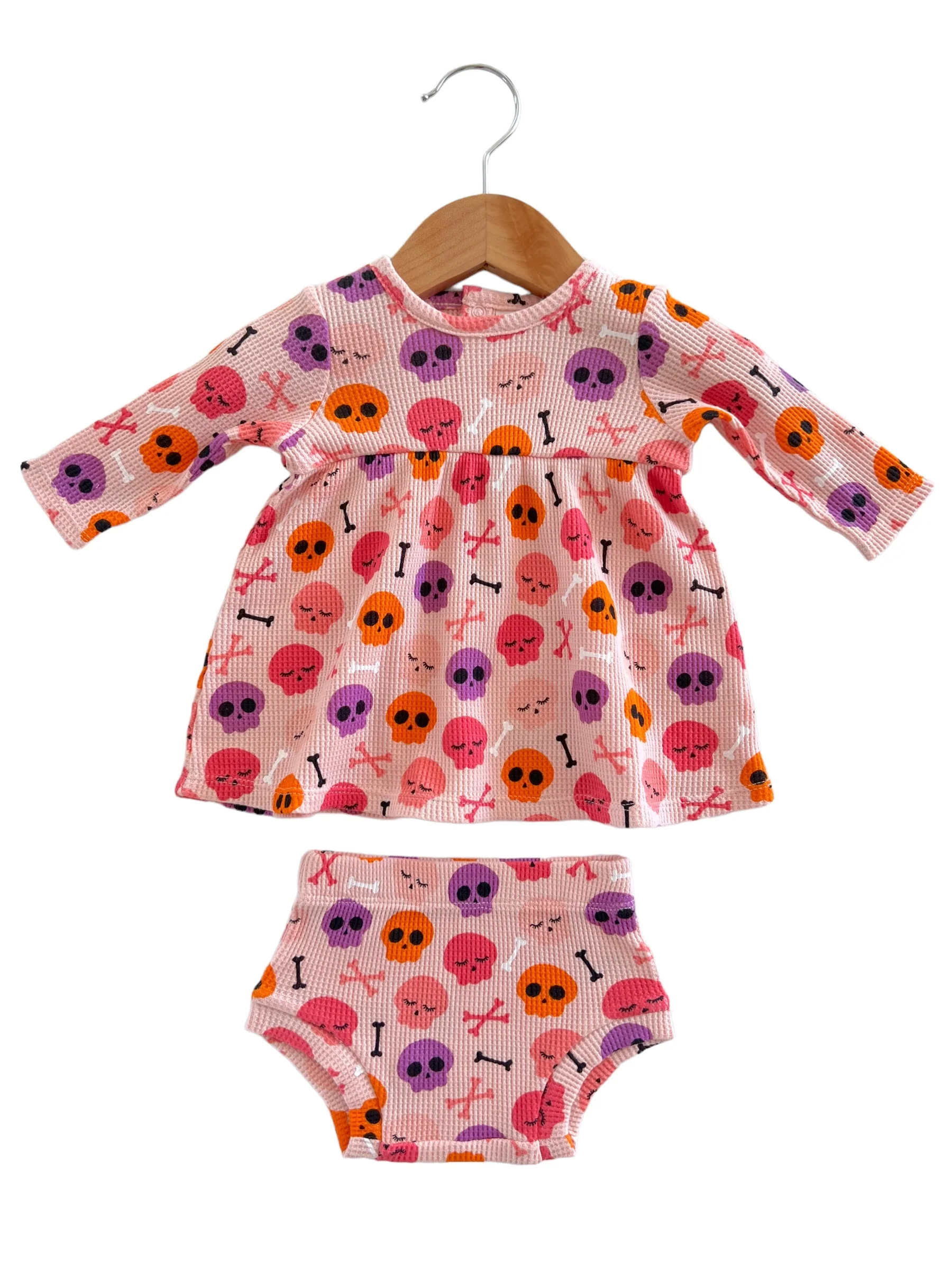 Organic Waffle Simple Dress & Bloomer, Candy Skulls Pink - Image 2