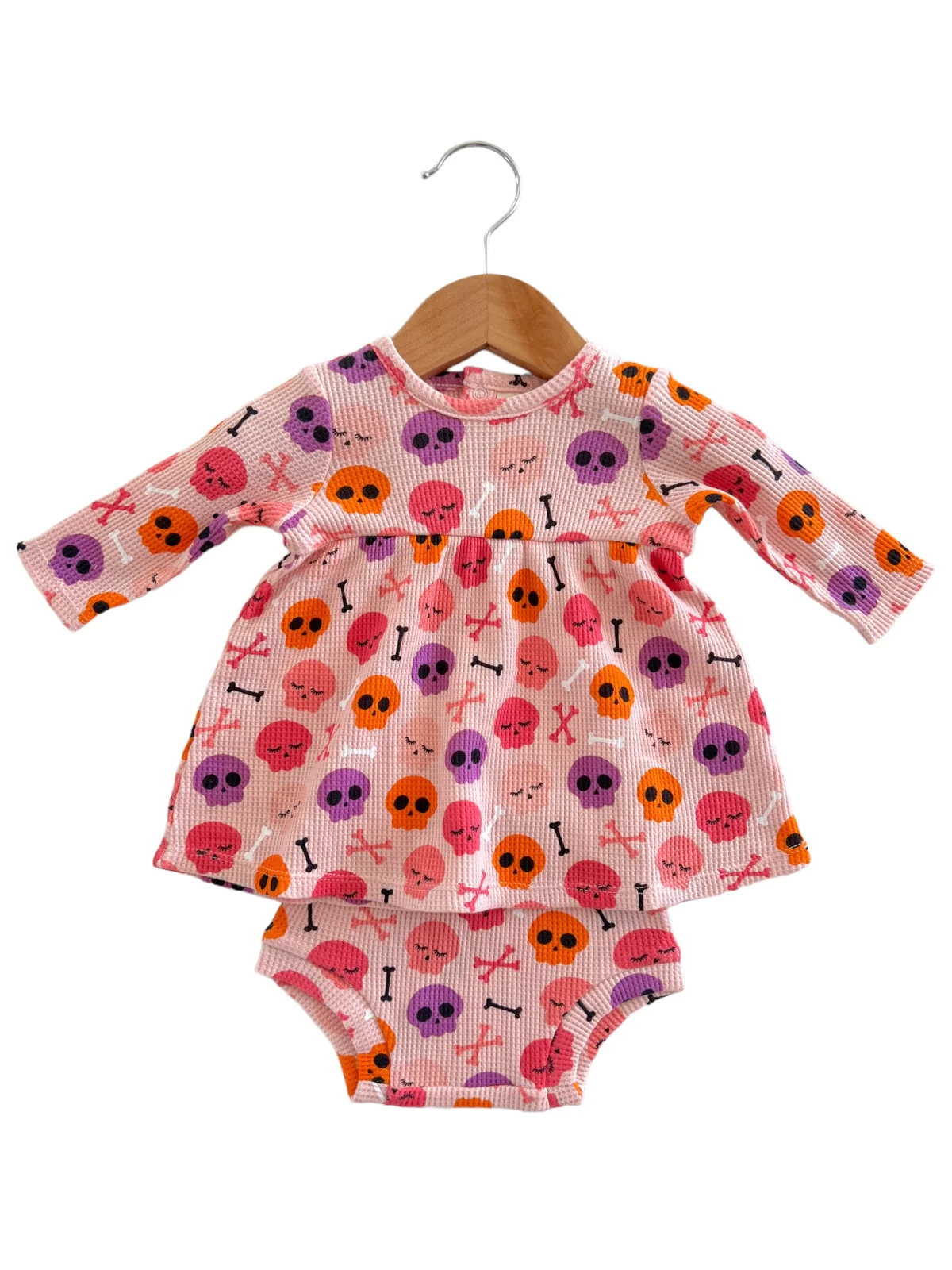 Organic Waffle Simple Dress & Bloomer, Candy Skulls Pink - Image 3
