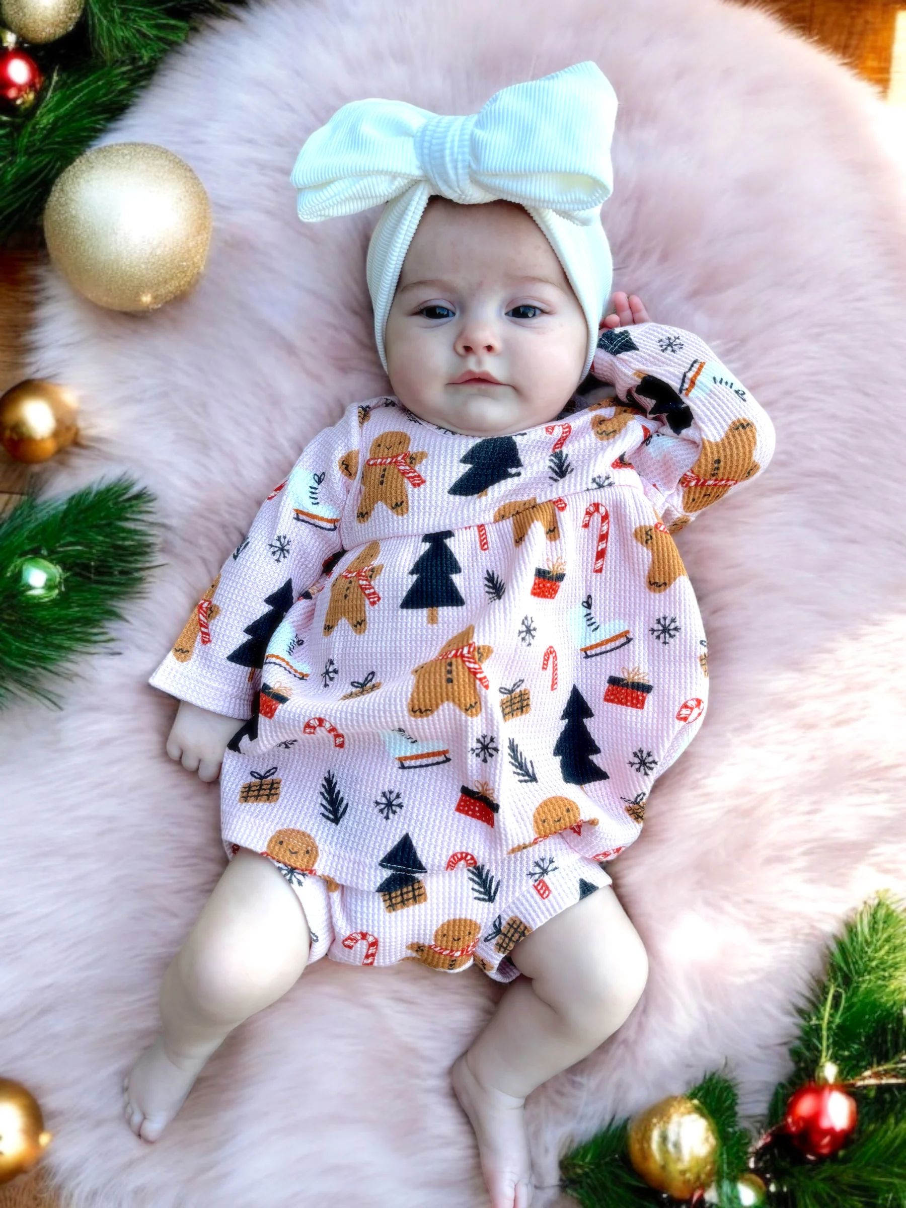 Organic Waffle Simple Dress & Bloomer, Gingerbread Wonderland Blush - Image 4