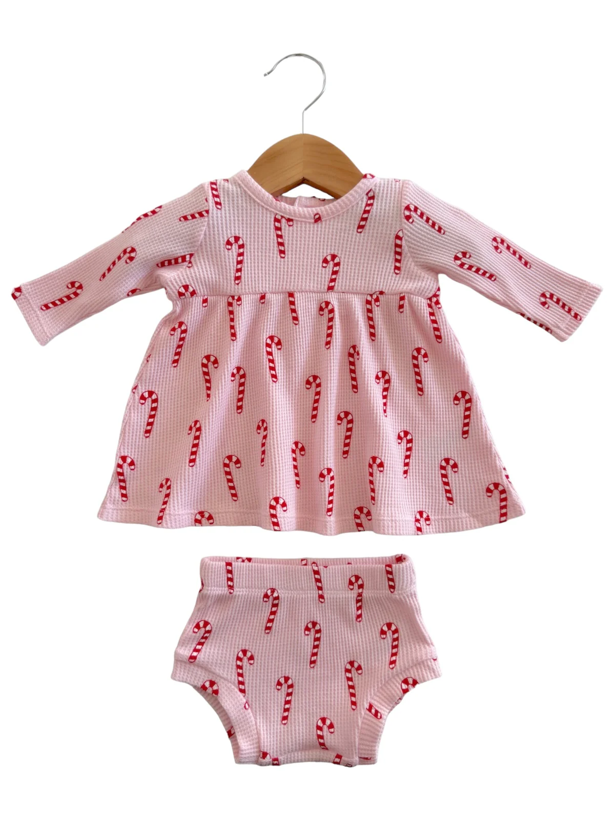 Organic Waffle Simple Dress & Bloomer, Pink Candy Cane - Image 2