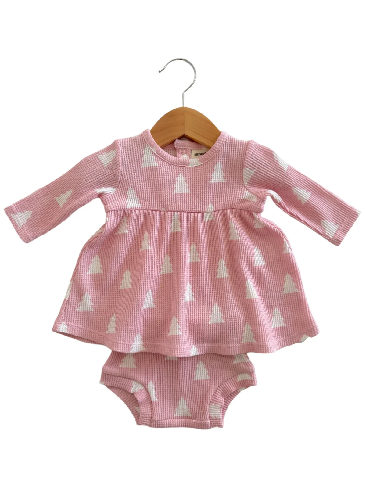Organic Waffle Simple Dress & Bloomer, Pink Christmas Trees - Image 2
