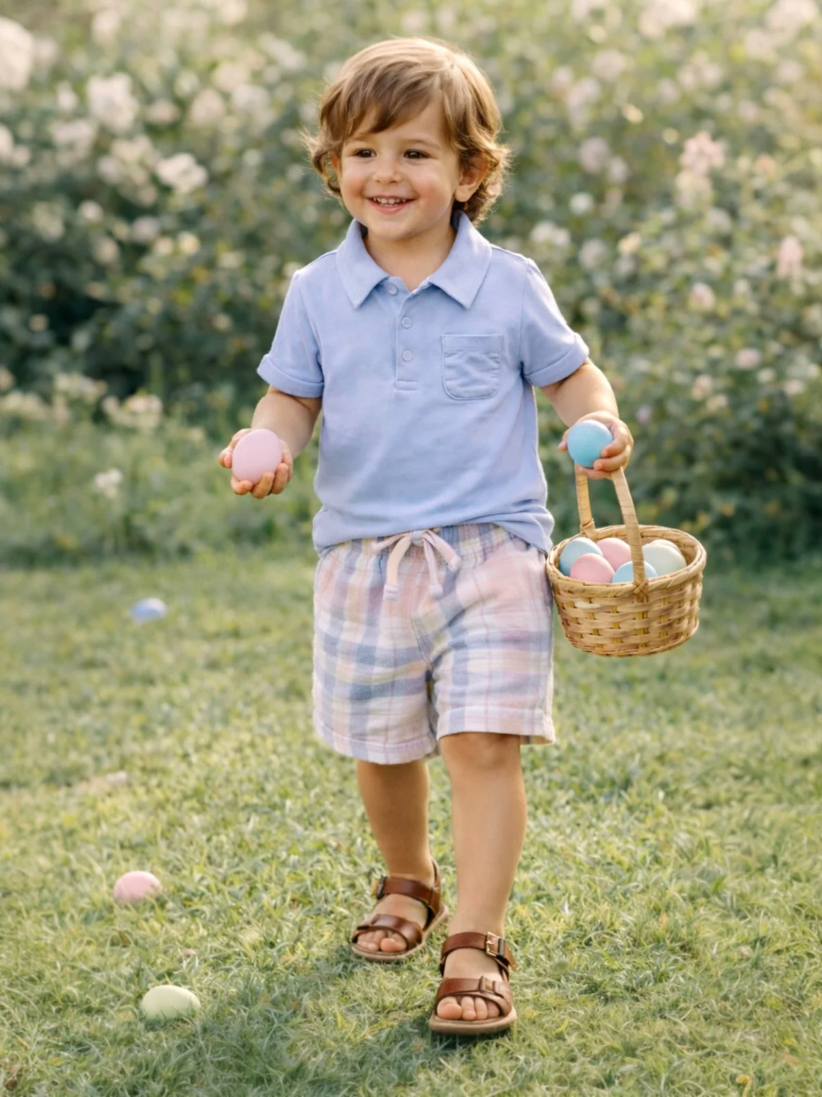 Polo Shirt & Casual Short Set, Dusty Plaid