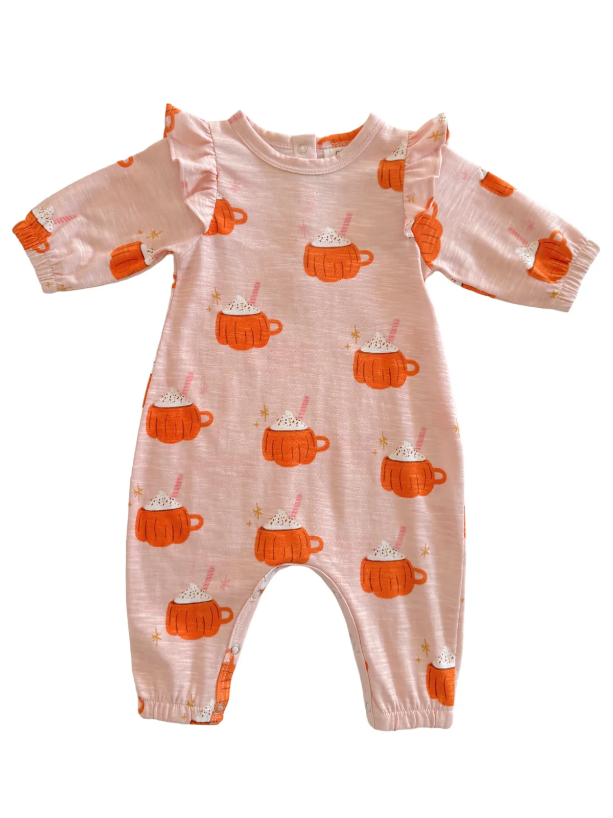 Pumpkin Mug Pink / Organic Long Sleeve Ruffle Jumpsuit - Image 2