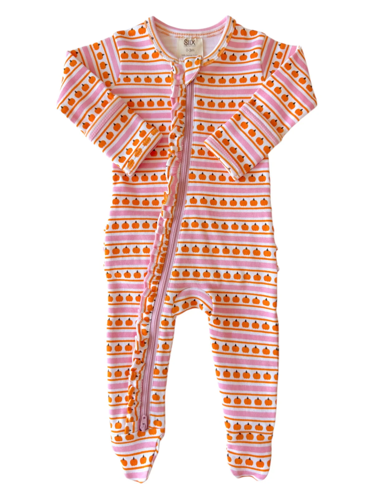 Pumpkin Stripe Pink / Organic Frill Zip Footie - Image 2