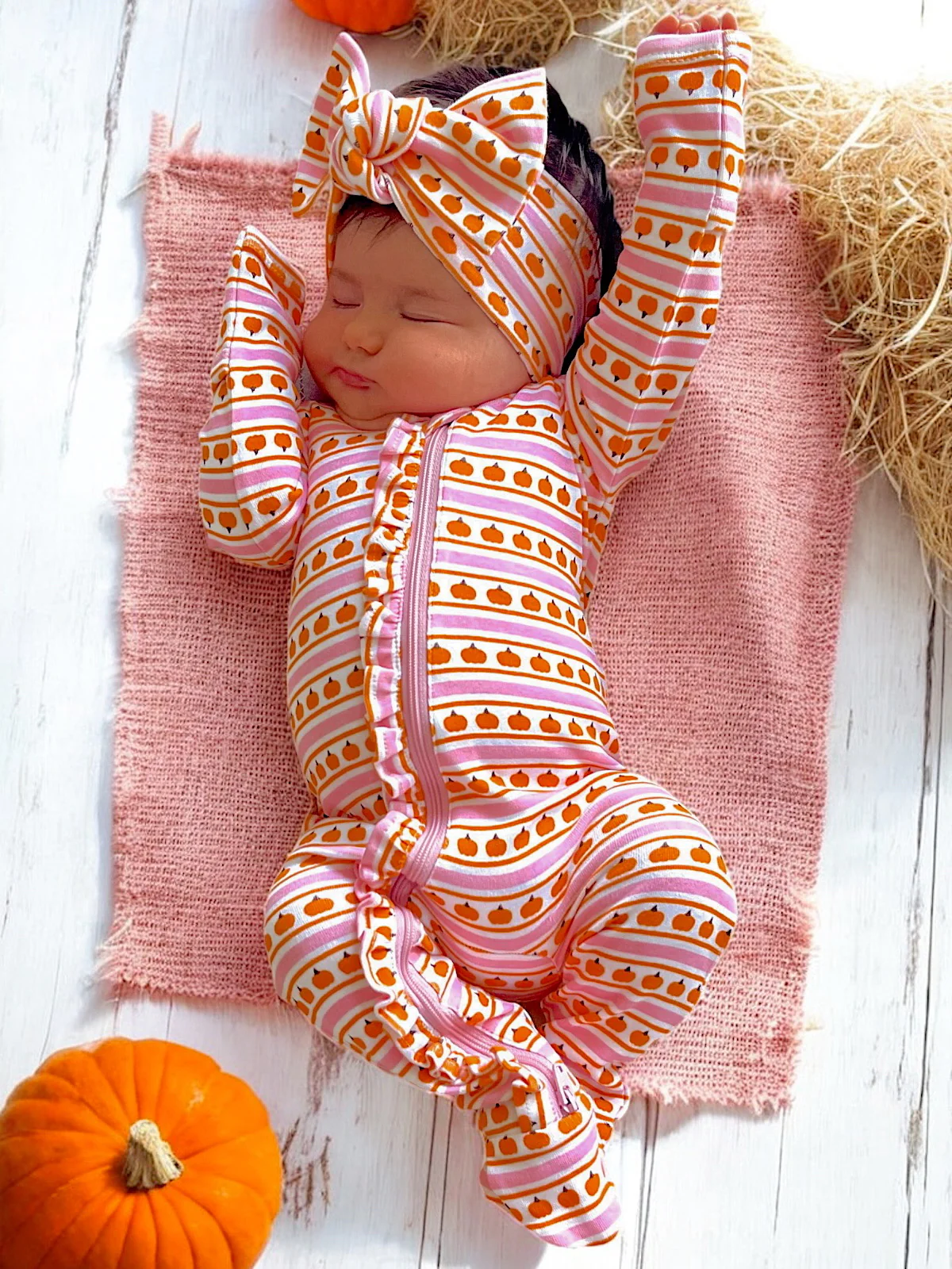 Pumpkin Stripe Pink / Organic Frill Zip Footie - Image 3