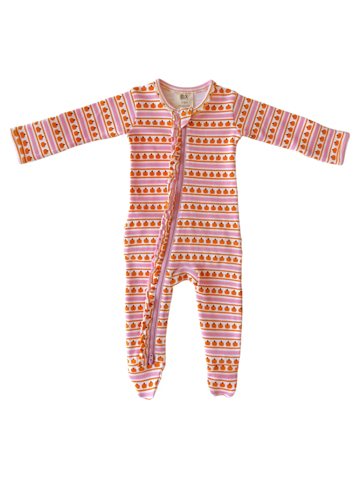 Pumpkin Stripe Pink / Organic Frill Zip Footie - Image 4