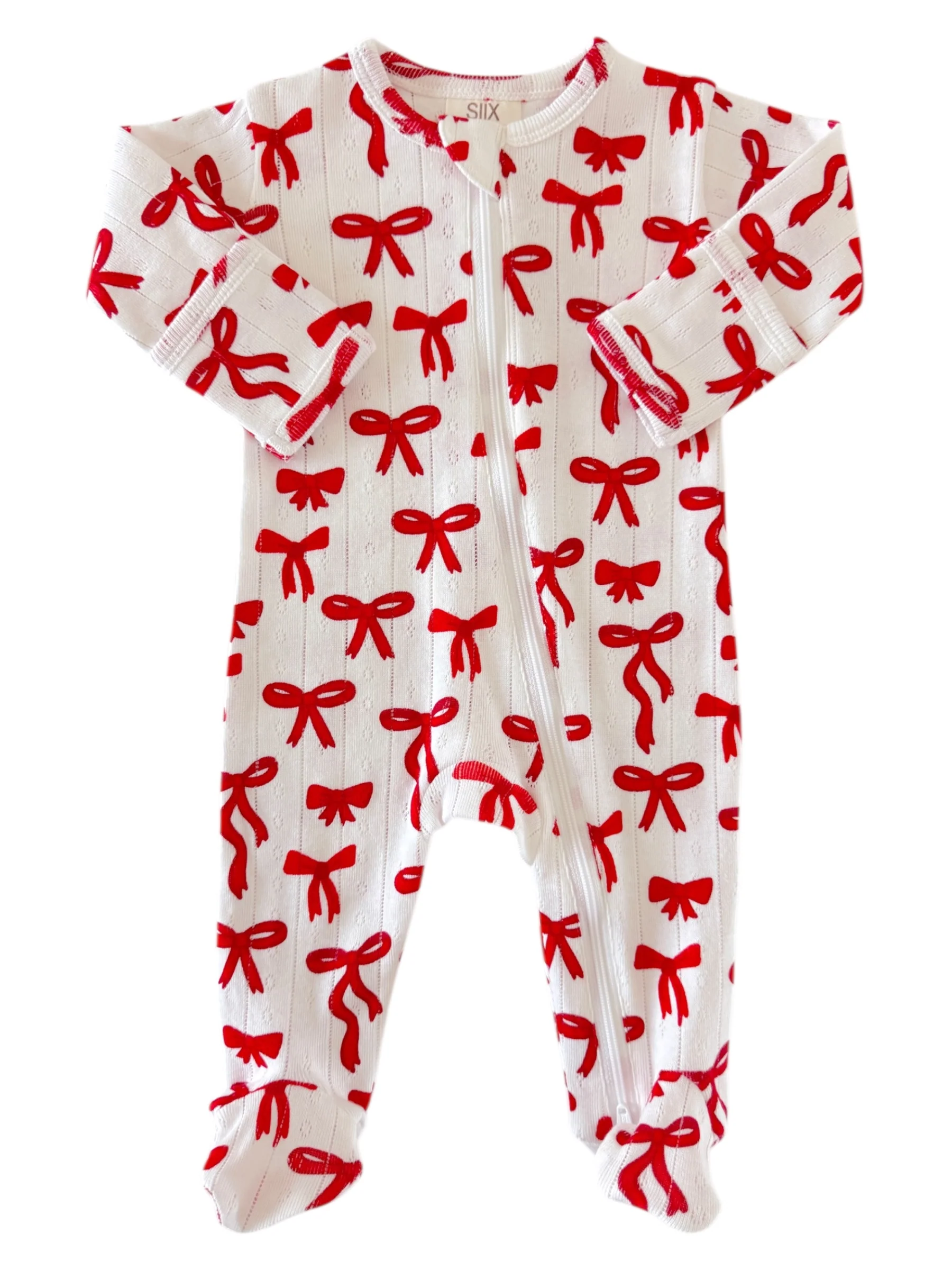 Red Bows / Organic Pointelle 2-Way Zip Footie - Image 2