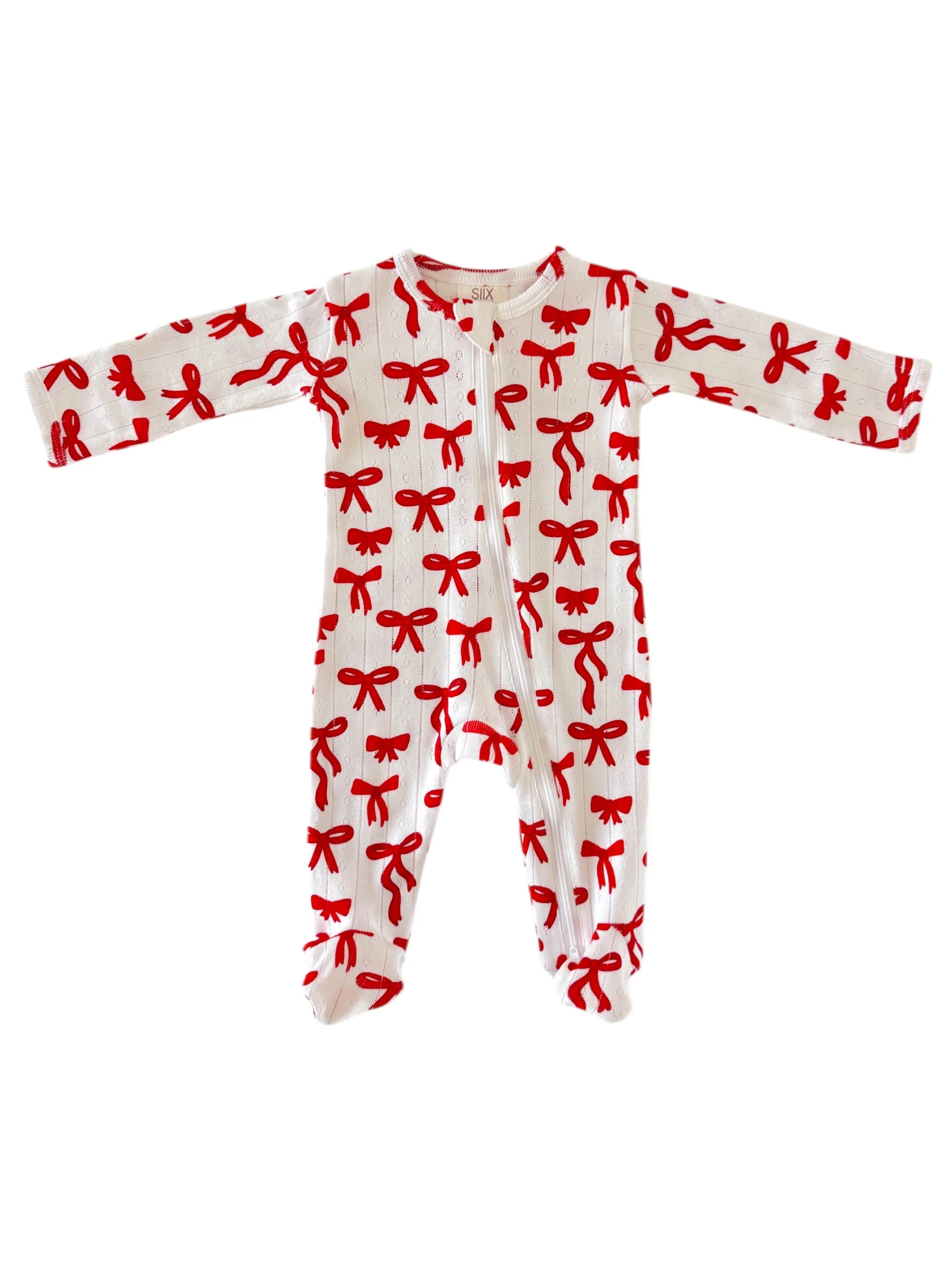 Red Bows / Organic Pointelle 2-Way Zip Footie - Image 4
