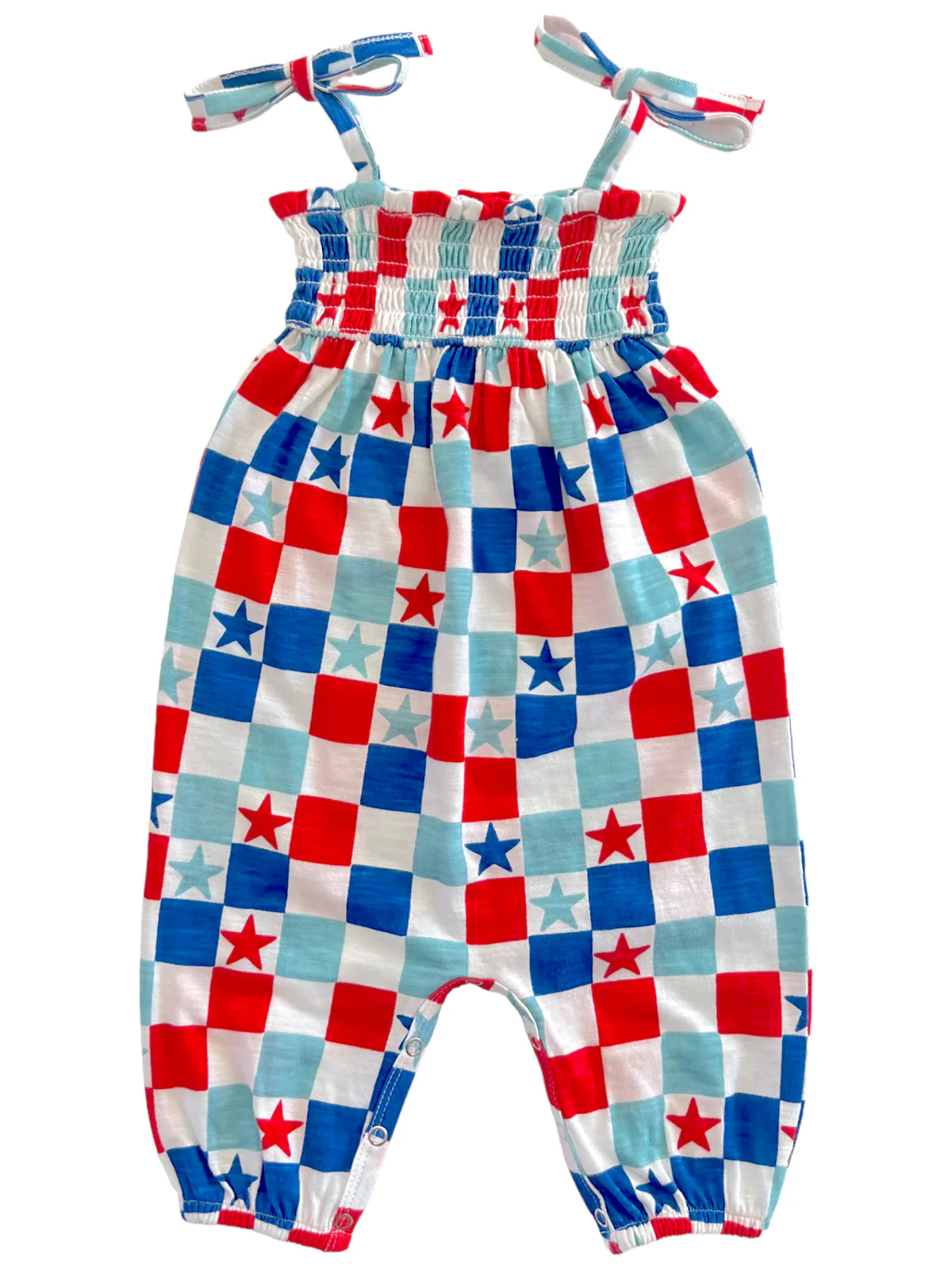 Red, White & Blue Checkerboard / Organic Smocked Jumpsuit - Image 2