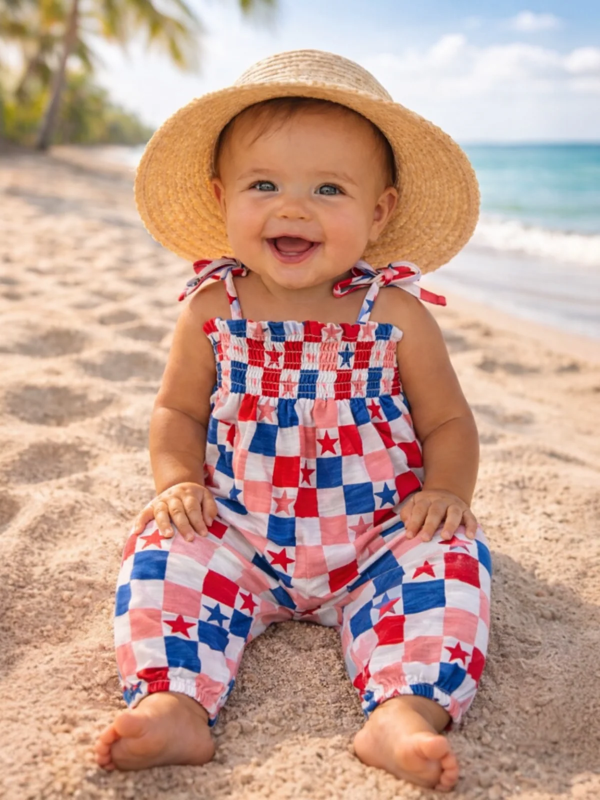 Red, White, Blue & Pink Checkerboard / Organic Smocked Jumpsuit
