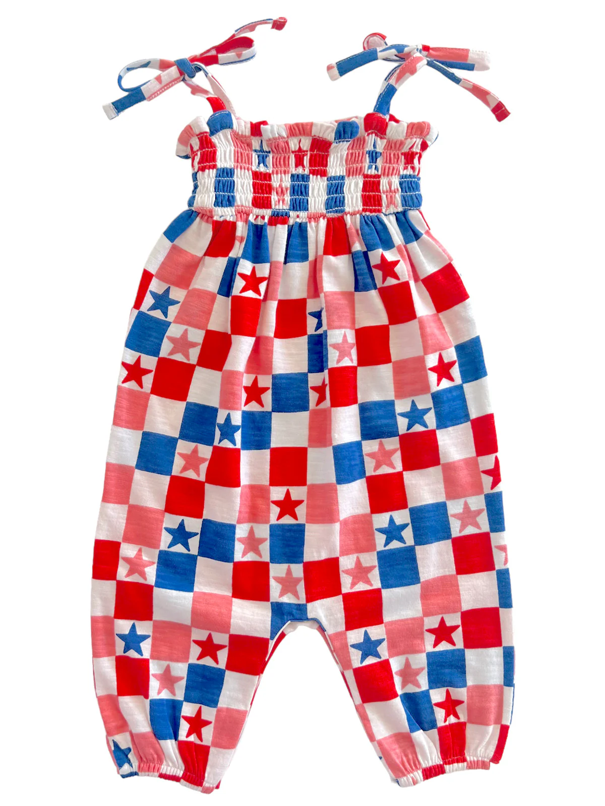 Red, White, Blue & Pink Checkerboard / Organic Smocked Jumpsuit - Image 2