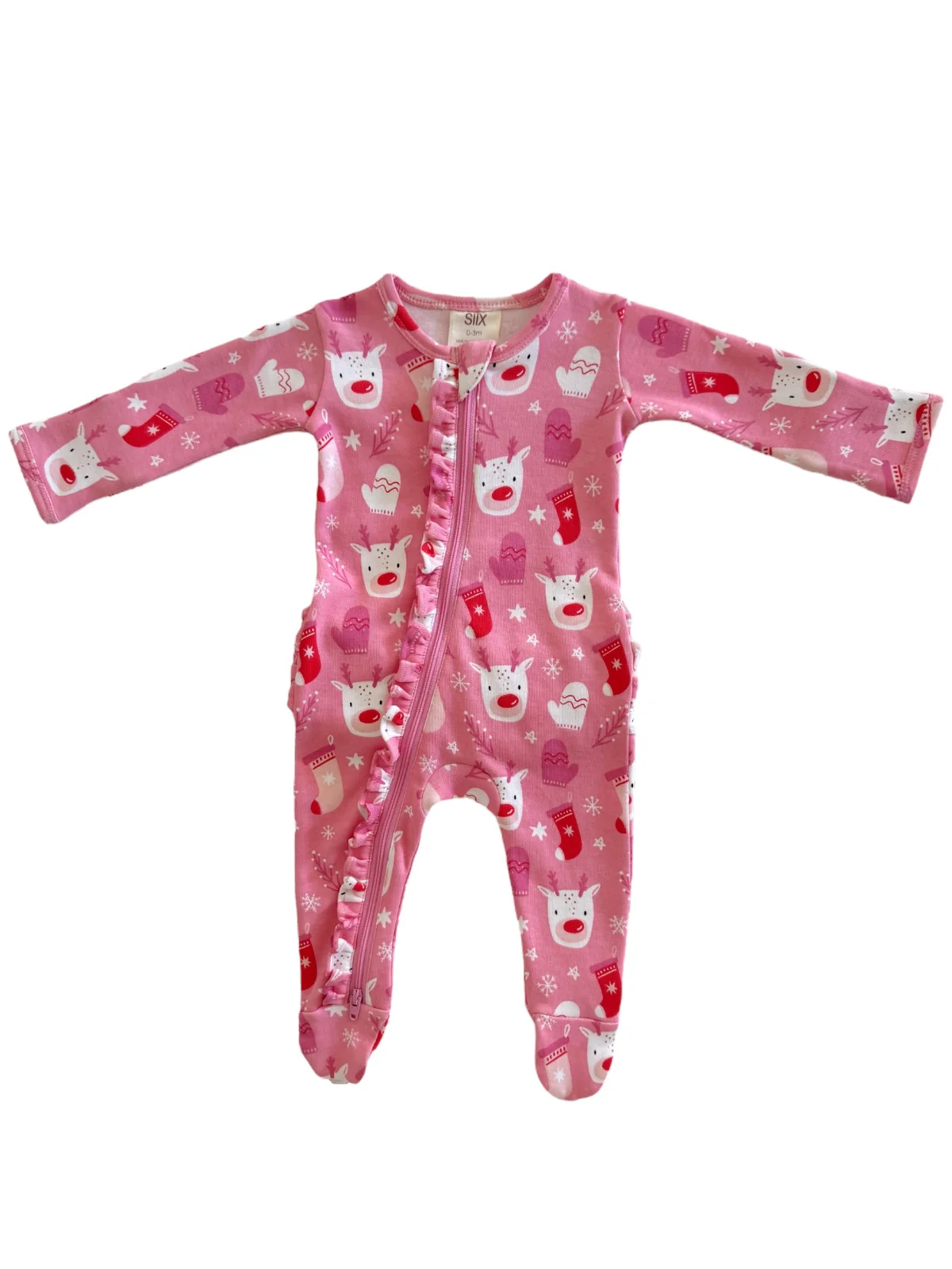 Reindeer Pink / Organic Frill Zip Footie - Image 3