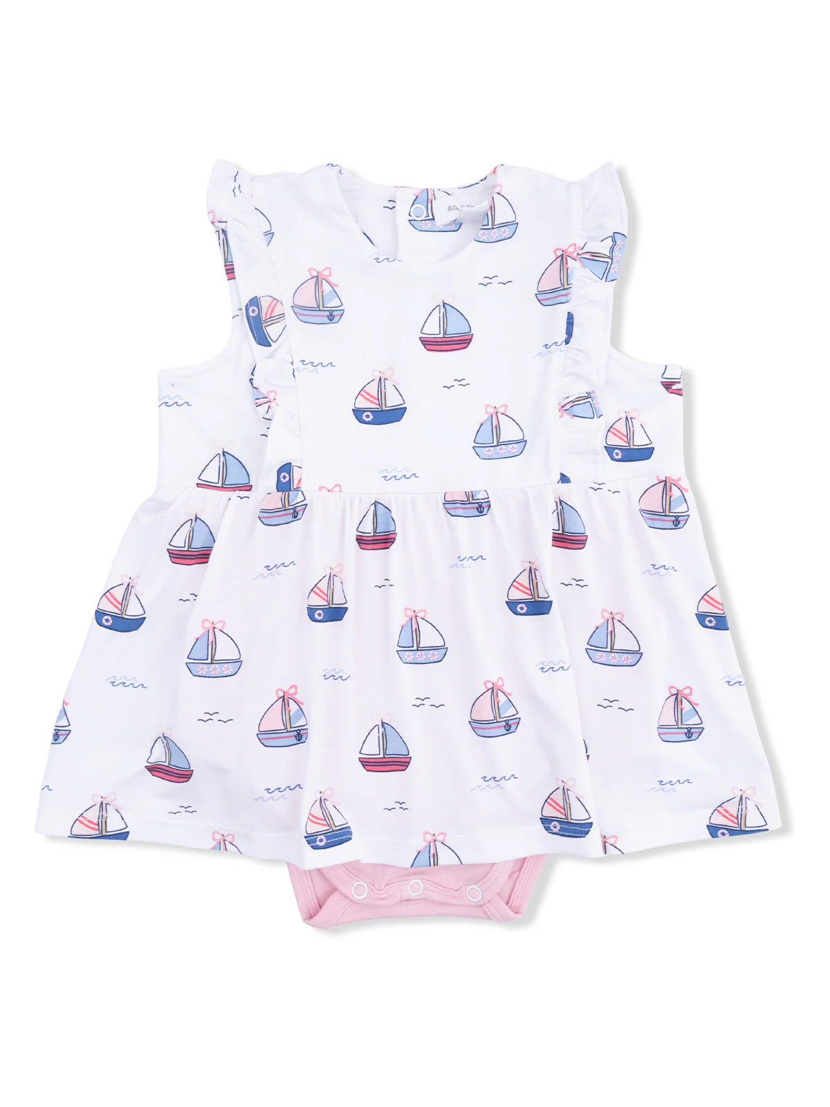 Ruffle Bodysuit Dress, Bubbly Sailboats Pink