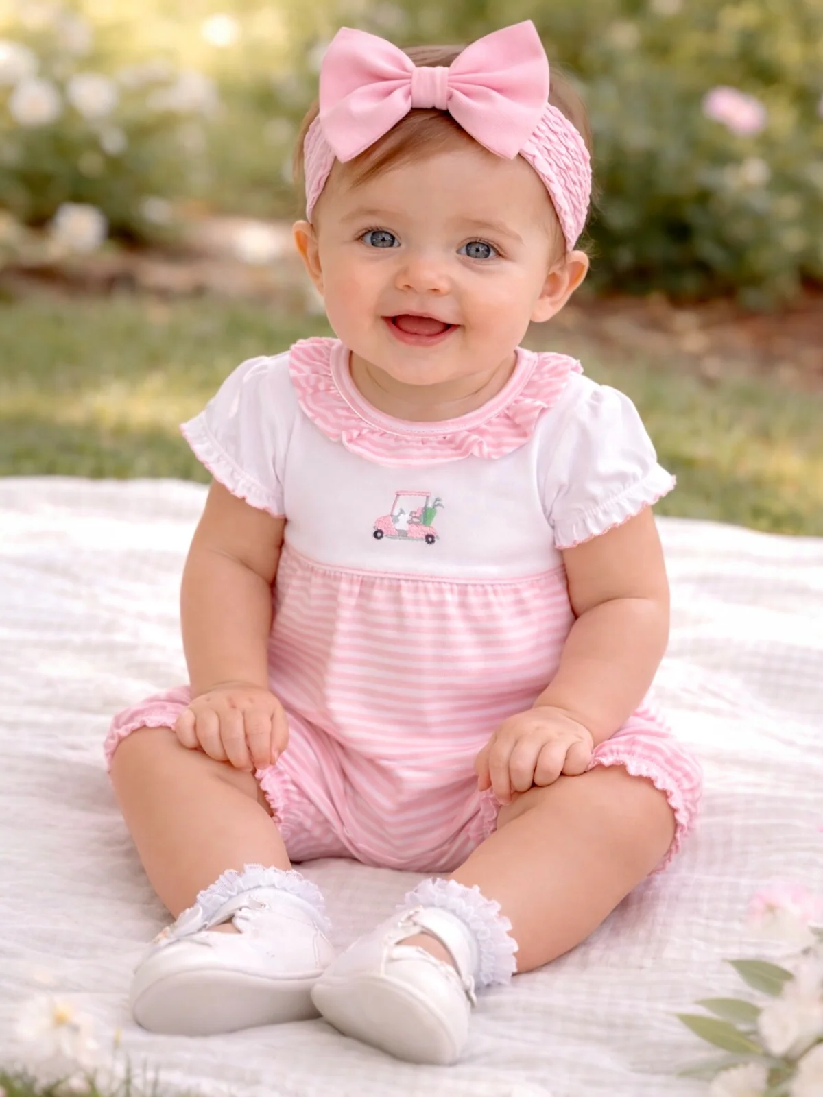 Ruffle Collar Romper, Baby Golf Carts Pink