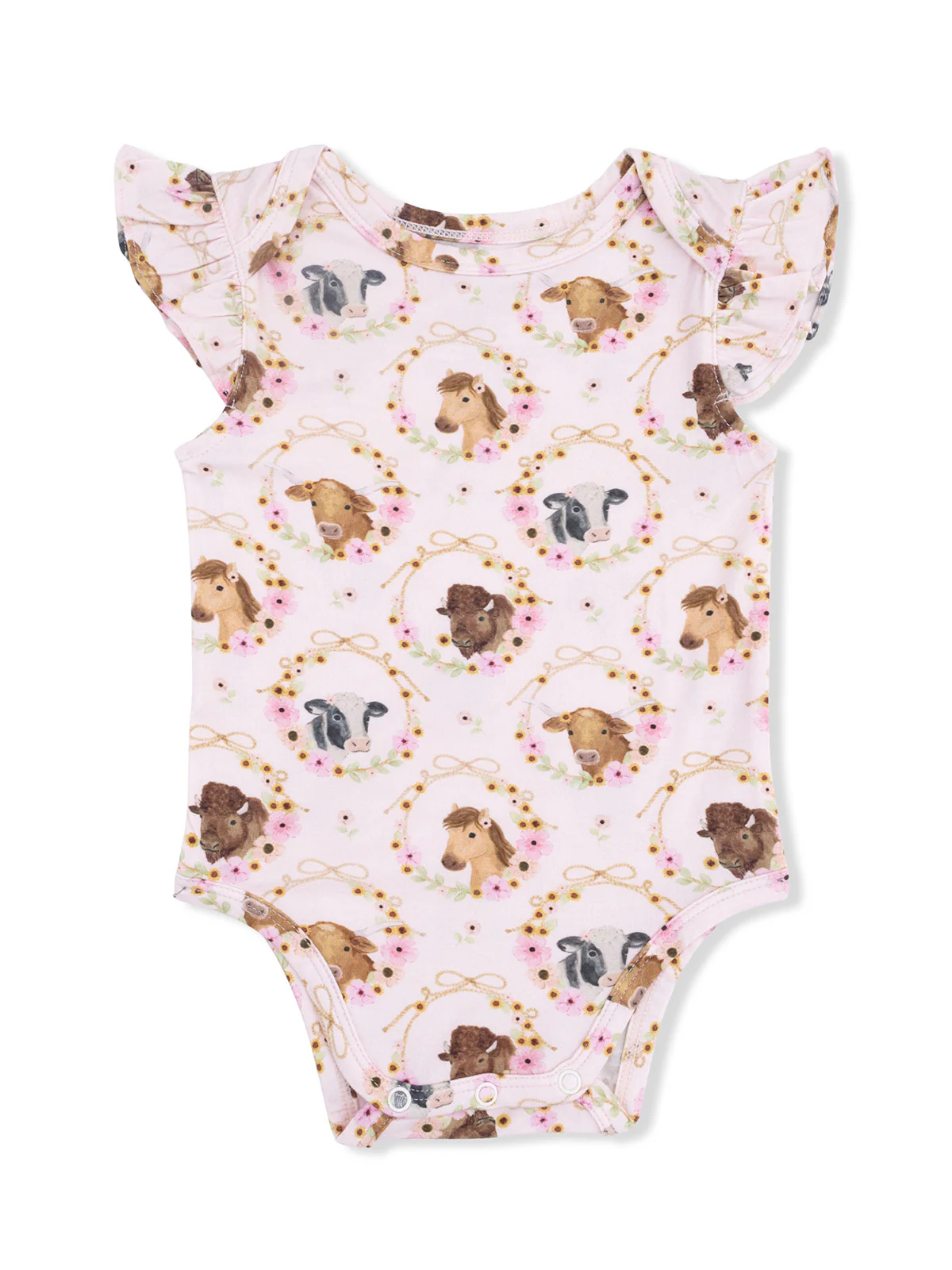 Ruffle Sleeve Bodysuit, Farm Animals Floral Cameos