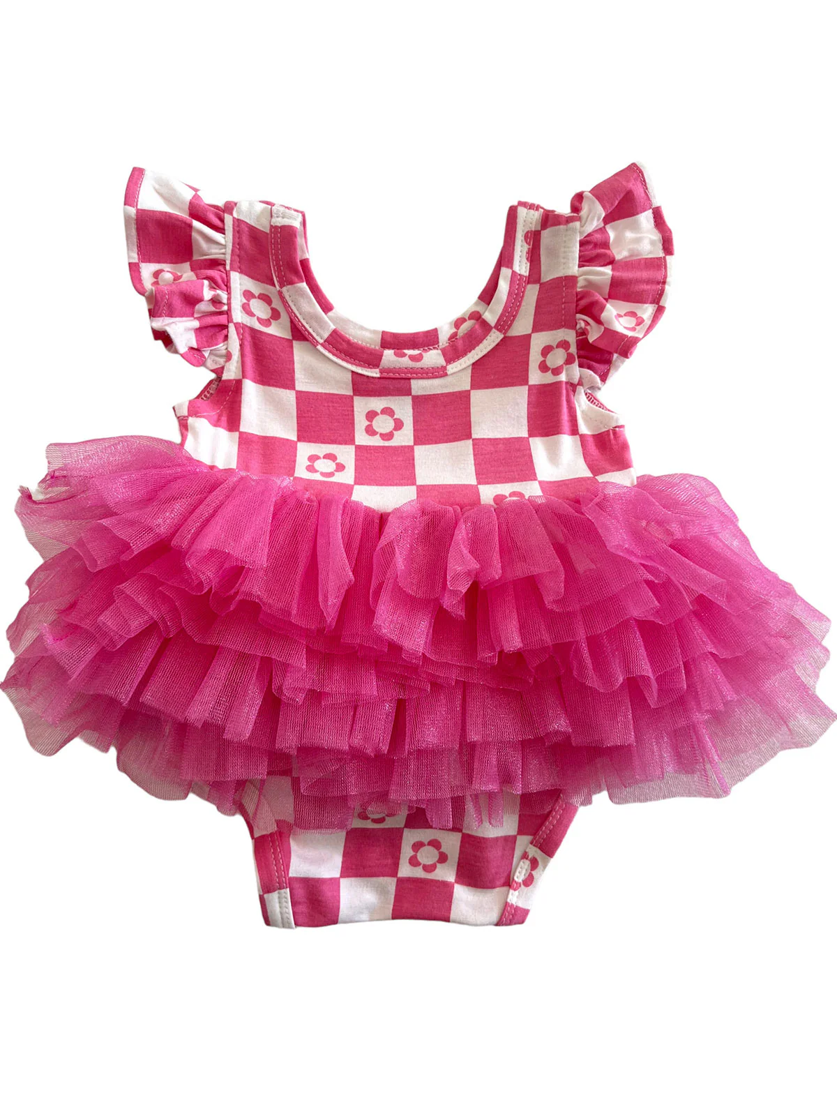 Ruffle Sleeve Tutu Bodysuit, Pink Flower Checkerboard - Image 2