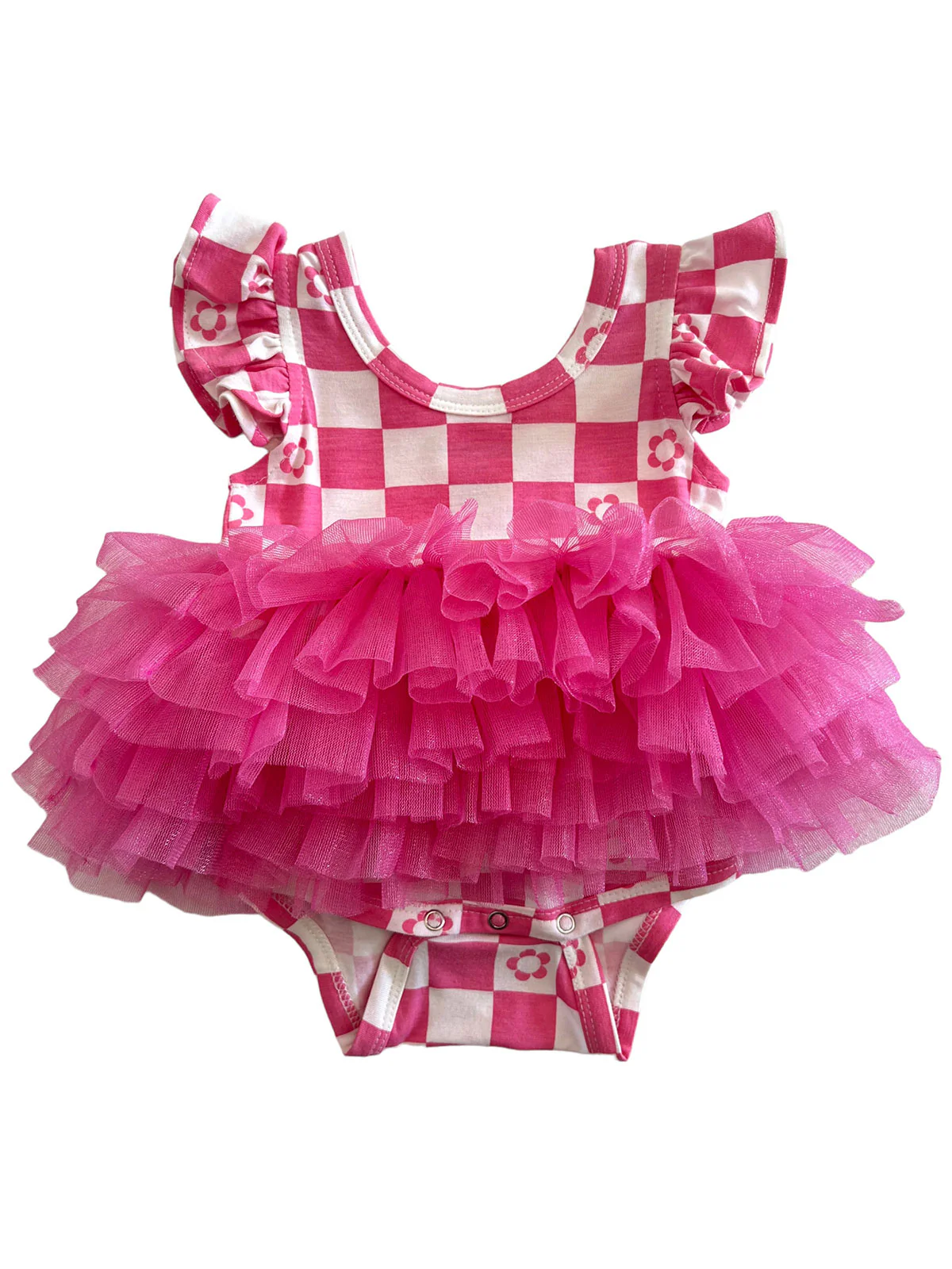 Ruffle Sleeve Tutu Bodysuit, Pink Flower Checkerboard - Image 3