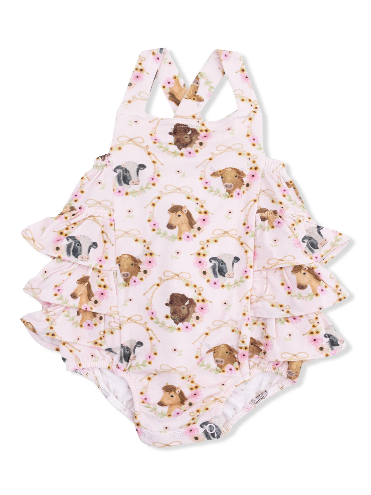 Ruffle Sunsuit, Farm Animals Floral Cameos