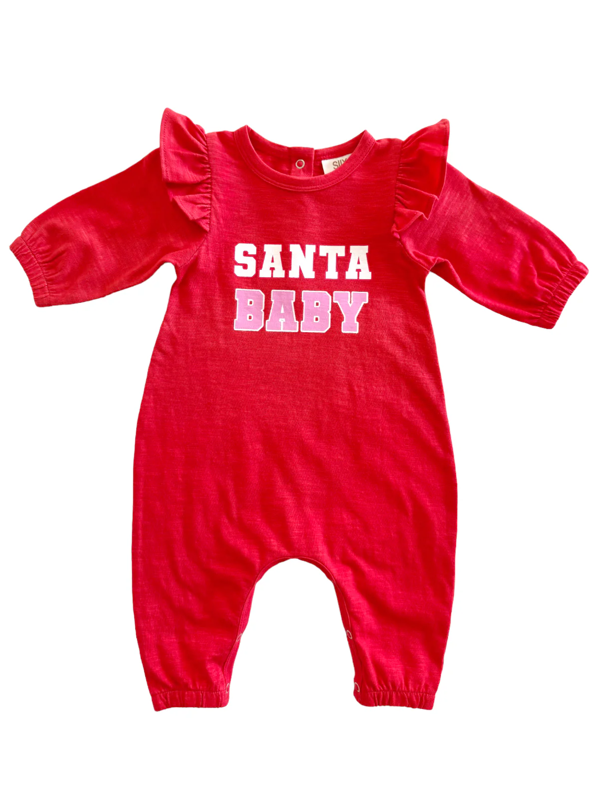 Santa Baby Red/Pink / Organic Long Sleeve Ruffle Jumpsuit - Image 2