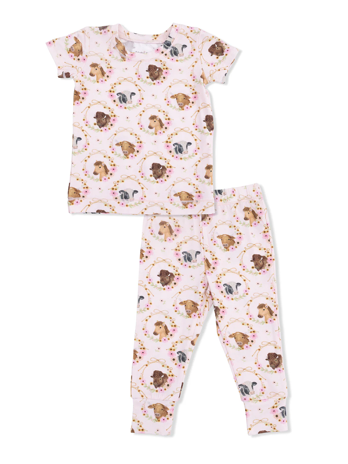 Short Sleeve Loungewear Set, Farm Animals Floral Cameos