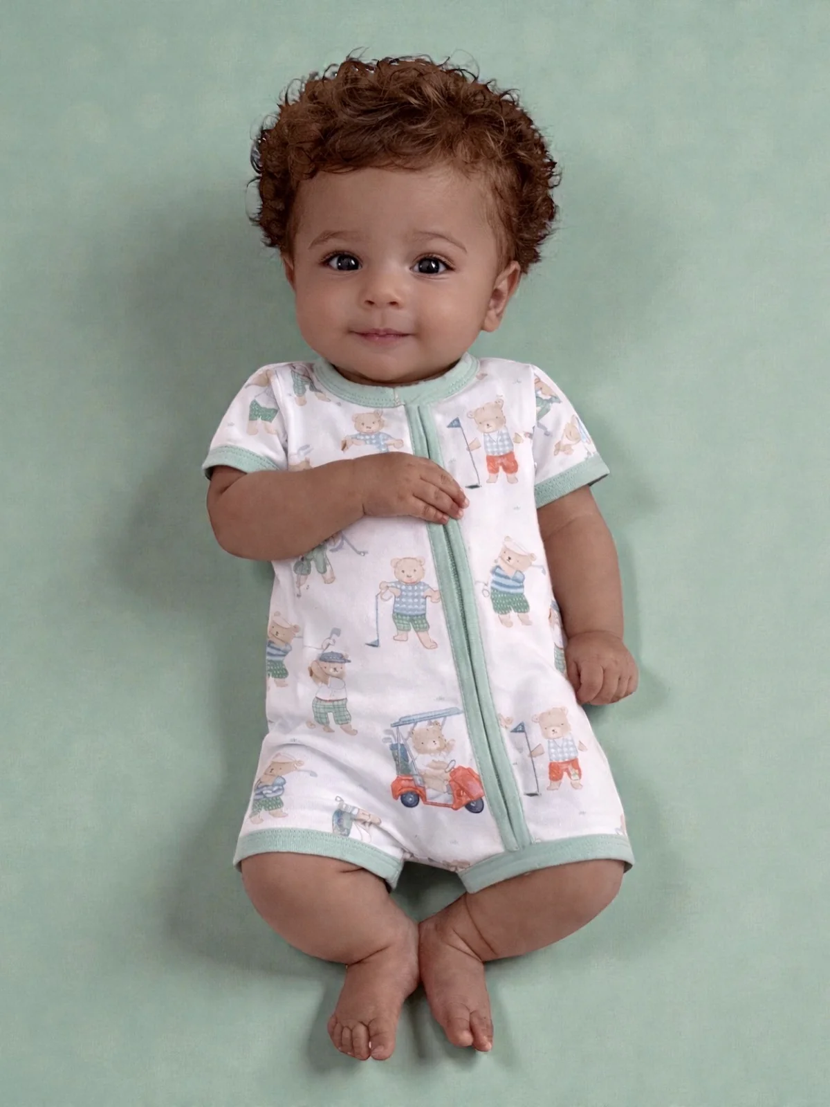 Shortie 2-Way Zip Romper, Golfing Teddy Bears