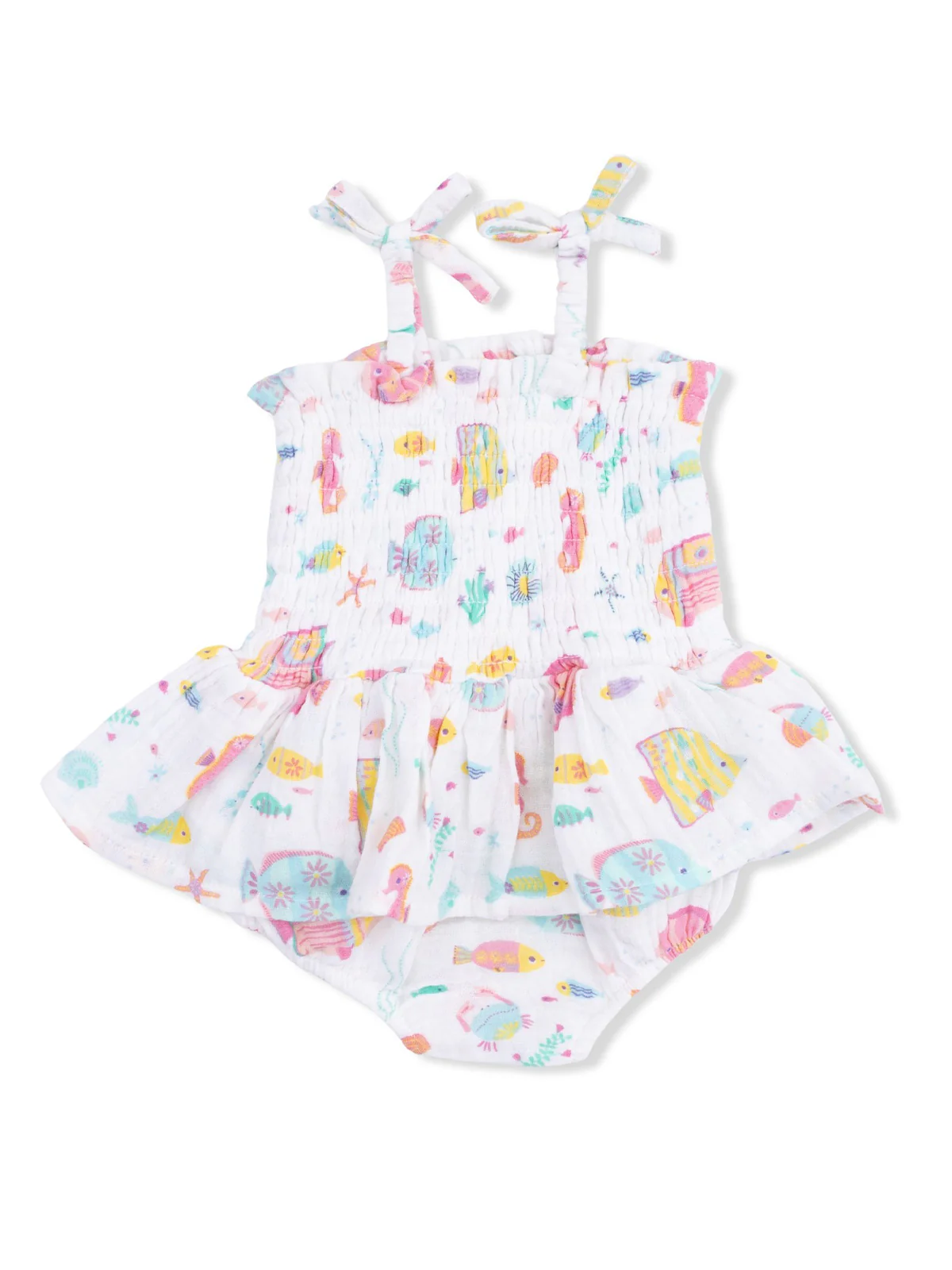 Smocked Bubble w/ Skirt, Sunny Coral Reef Fish - Image 2