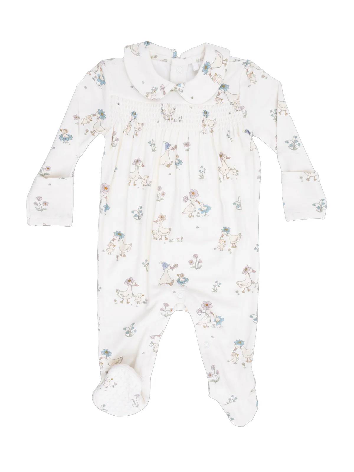 Smocked Peter Pan Footie, Flower Ducklings