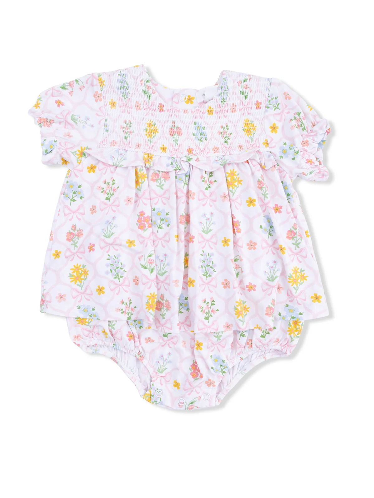Smocked Ruffle Bubble with Skirt, Spring Blooms Bow Trellis