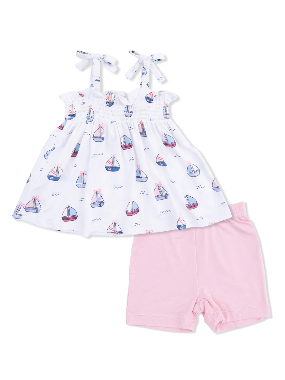 Smocked Top & Bike Short, Bubbly Sailboats Pink